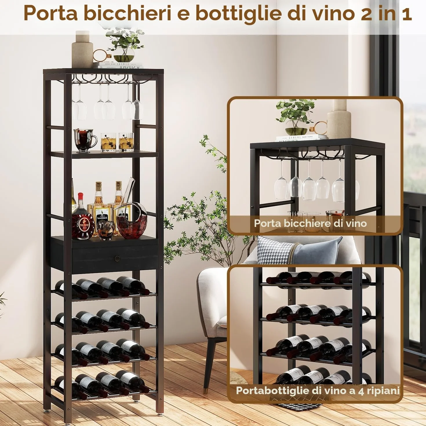 IBUYKE Portabottiglie autoportante 4 ripiani legno nero TMJ905B