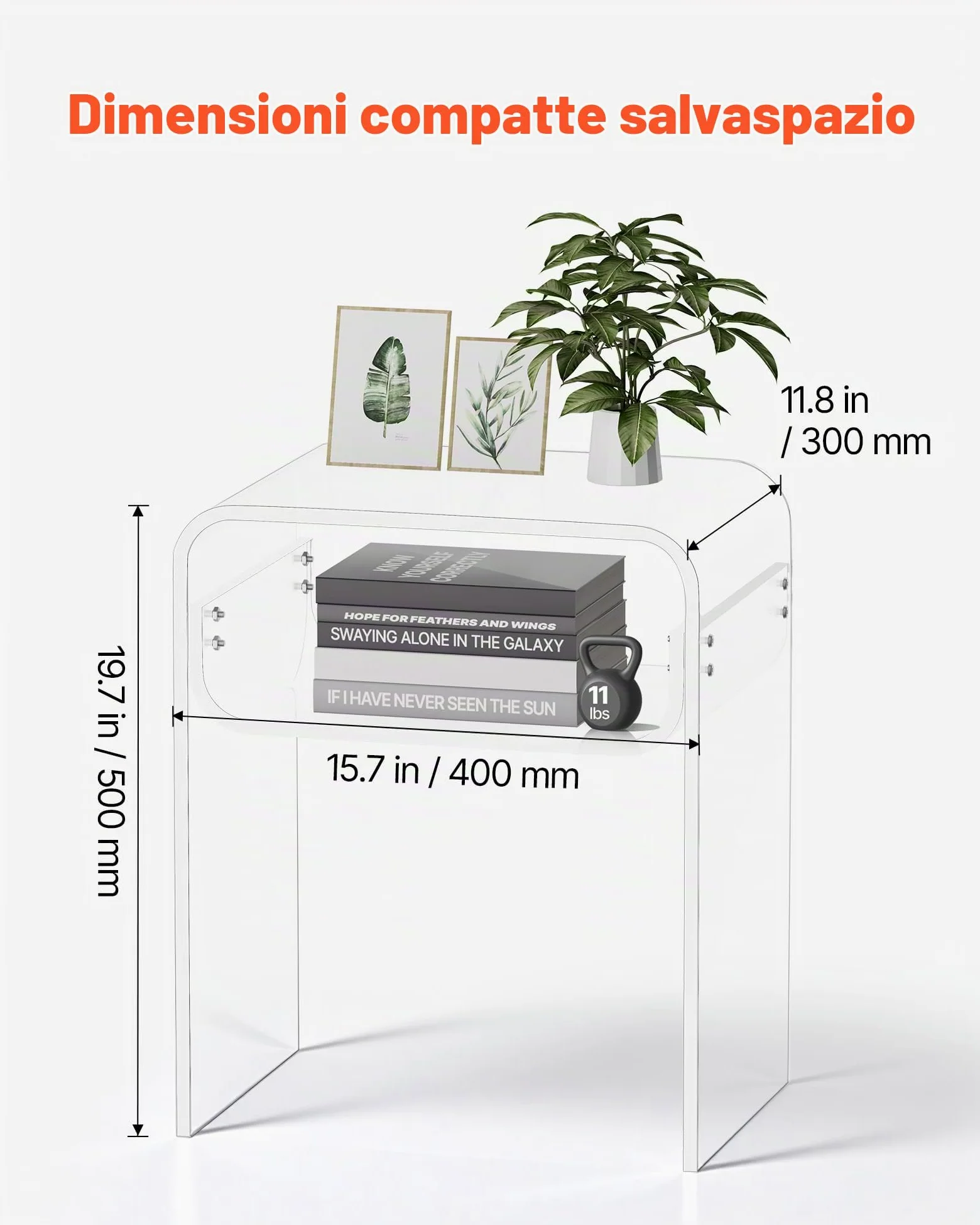 VEVOR Tavolino in Acrilico, Comodino Trasparente a 2 Livelli con Ripiano, Rettangolare Moderno in Acrilico, Comodino Spesso per Camera da Letto, Soggiorno, Studio, 30 x 40 x 50 cm