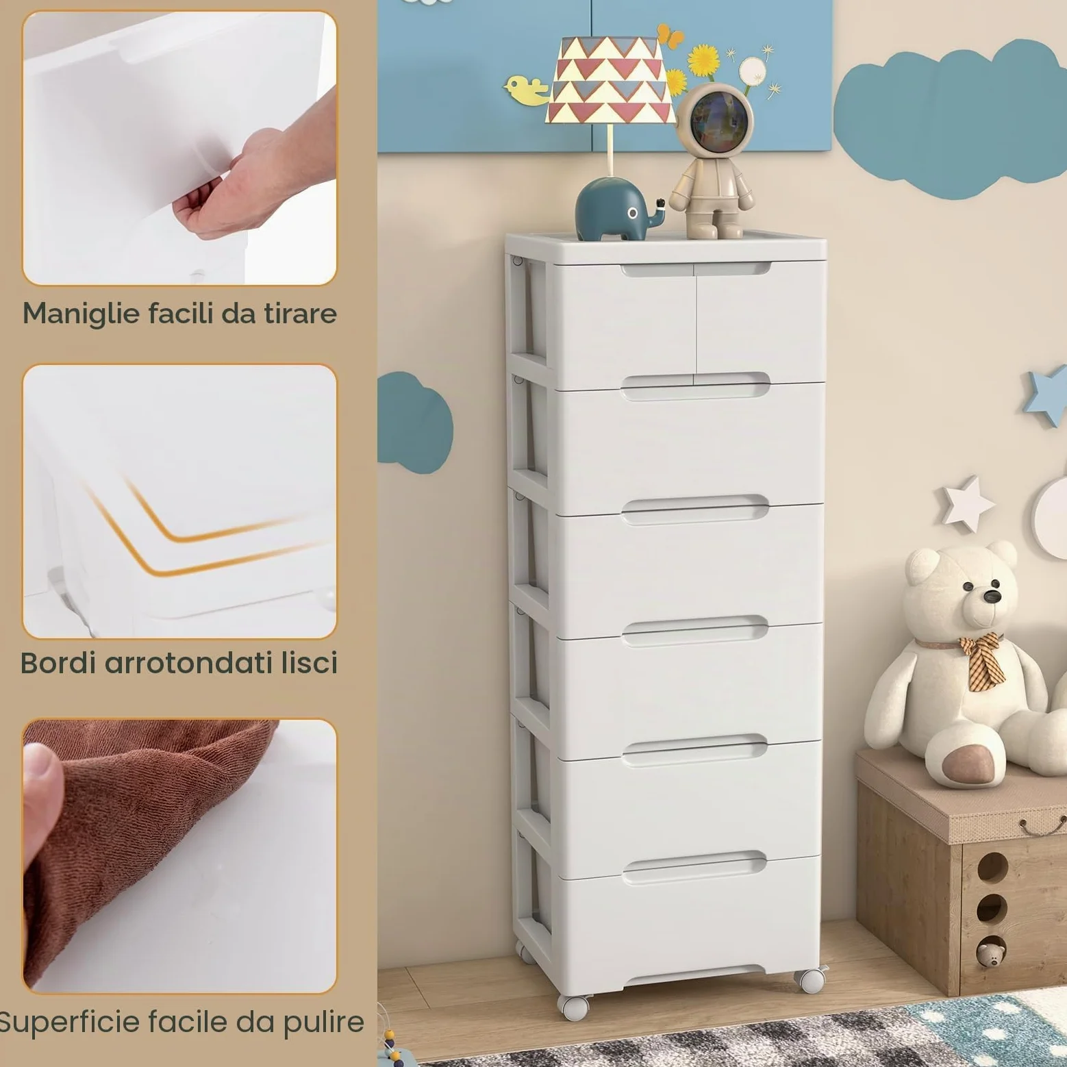 KOMFOTTEU Cassettiera con 4 Ruote a 4/5/6 Cassetti, Carrello Portaoggetti in Plastica, Carrellino Salvaspazio per Bagno, Cucina, Soggiorno, Camera da Letto, Bianco (6 Cassetti)