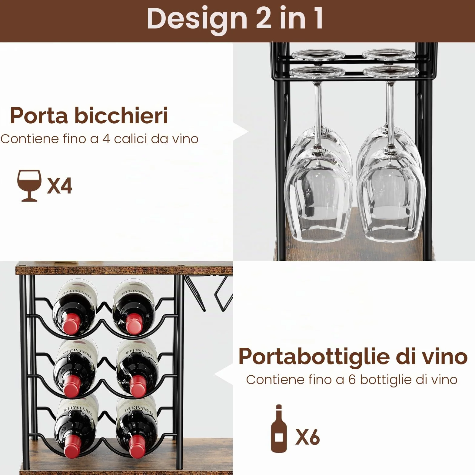 Nuovoware Portabottiglie da Tavolo per 6 Bottiglie 4 Bicchieri, Organizer Vino in Metallo e Legno