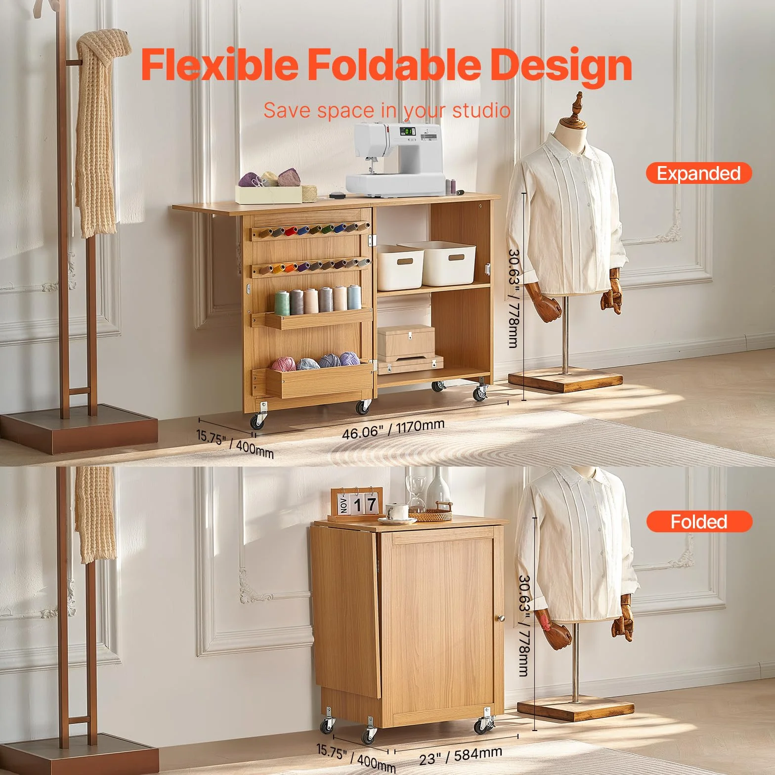 VEVOR Tavolo da Cucito Pieghevole, Tavolo Multiuso per Macchina da Cucire Design Compatto a Rotelle Piano Vassoio Portaoggetti, Pioli in Legno Ante Magnetiche, Mobiletto per Macchina da Cucire
