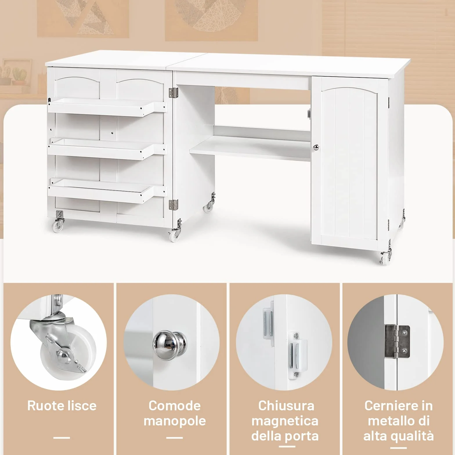 GYMAX Tavolo Pieghevole da Cucito, Scrivania e Armadio da Cucito 2 in 1, Tavolo per Macchina da Cucire con Rotelle, 3 Scompartimenti Laterali e 1 Armadietto, 2 Ruote con Freno (Bianco)