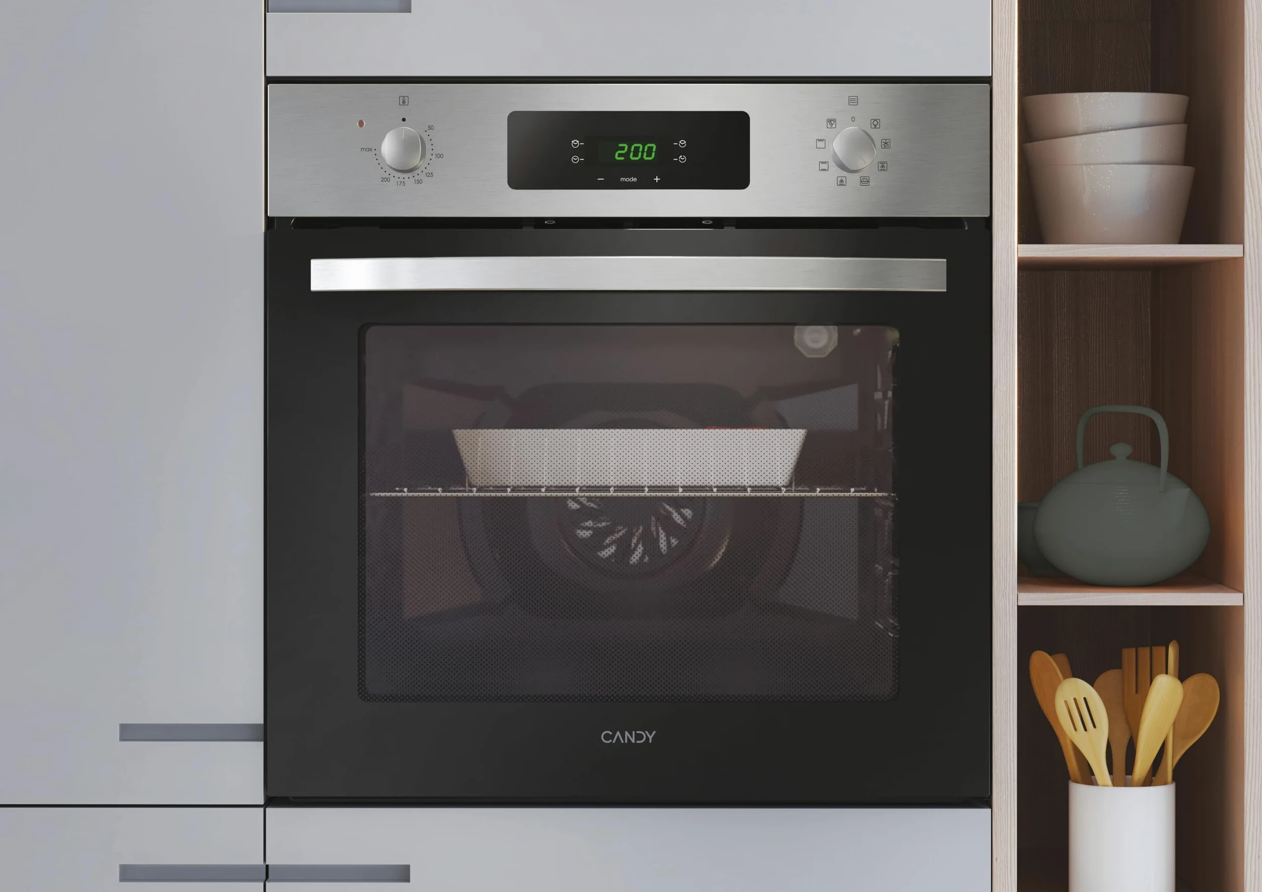Candy Idea FIDC X605, Forno multifunzione, 65L, 2400W, 1 Vassoio e 2 Griglie, Ventilatore Radiale, 9 Funzioni, Timer, Display touch, Porta Doppio Vetro Rimovibile, Inox e Nero