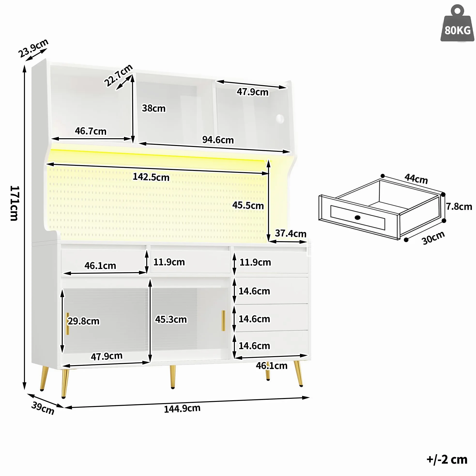 Mobile alto moderno, 145 x 39 x 171 cm, bianco, con armadio da cucina o armadio da sala da pranzo con cassetto, credenza con ripiano con parete forata