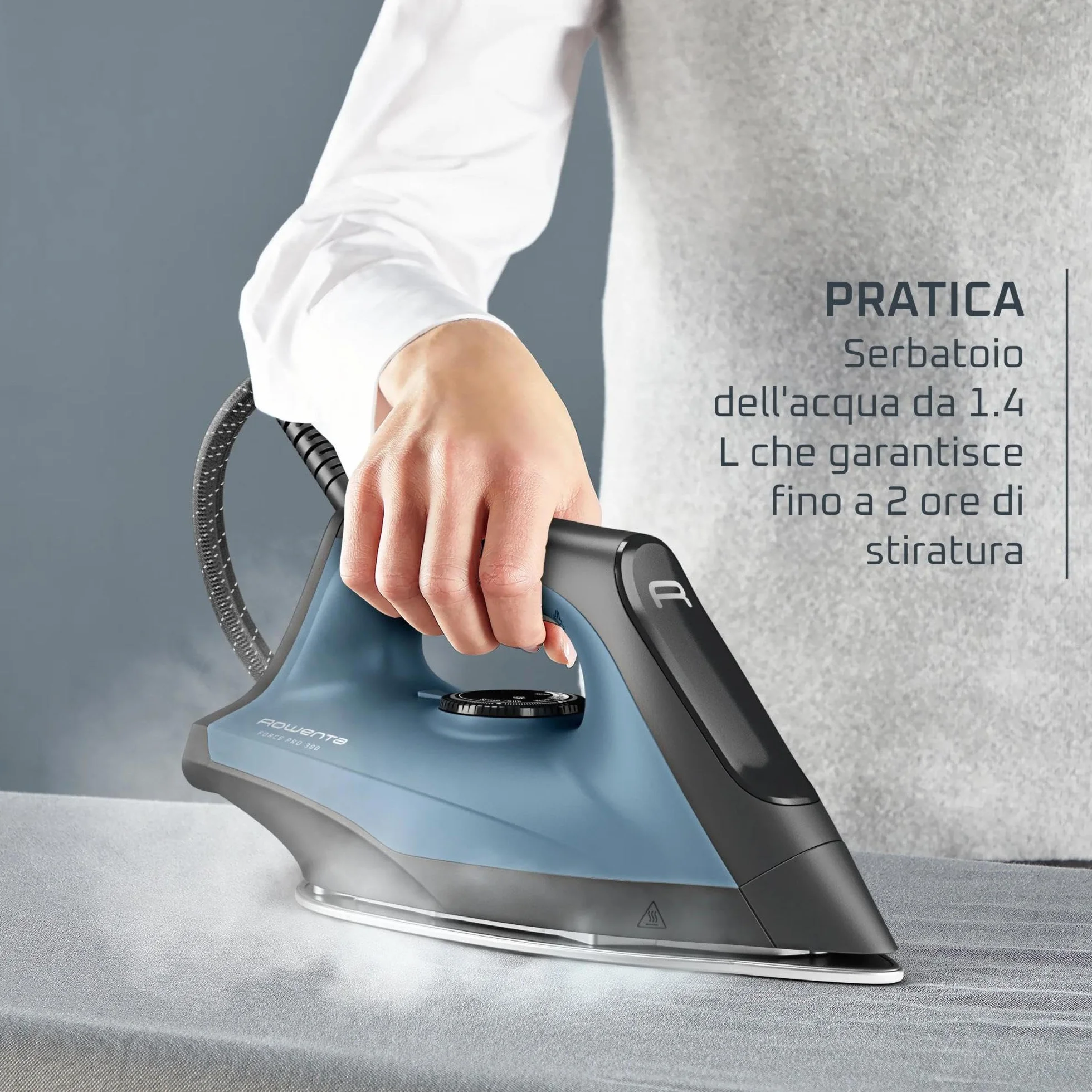 Rowenta Force Pro 300, Ferro da Stiro con Generatore di Vapore 320 g/min, Alta Pressione 6.1 Bar, -25% di Consumo Energetico in Modalità Eco, Funzione Verticale, 2400W, VR5431, Color Acqua