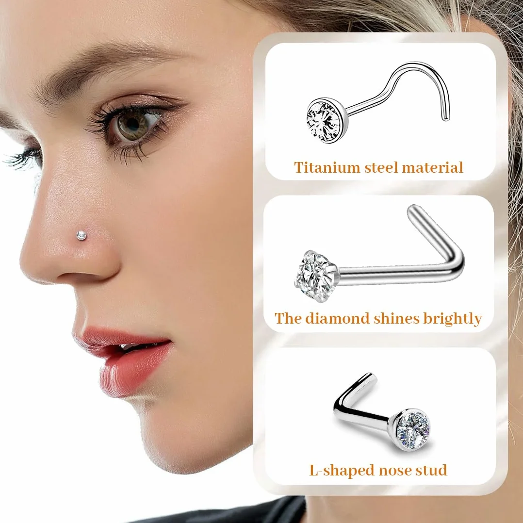 JEYORZY 12 Pezzi Piercing Naso Acciaio Inox CZ Orecchini Naso Borchi a Forma di L Gioielli