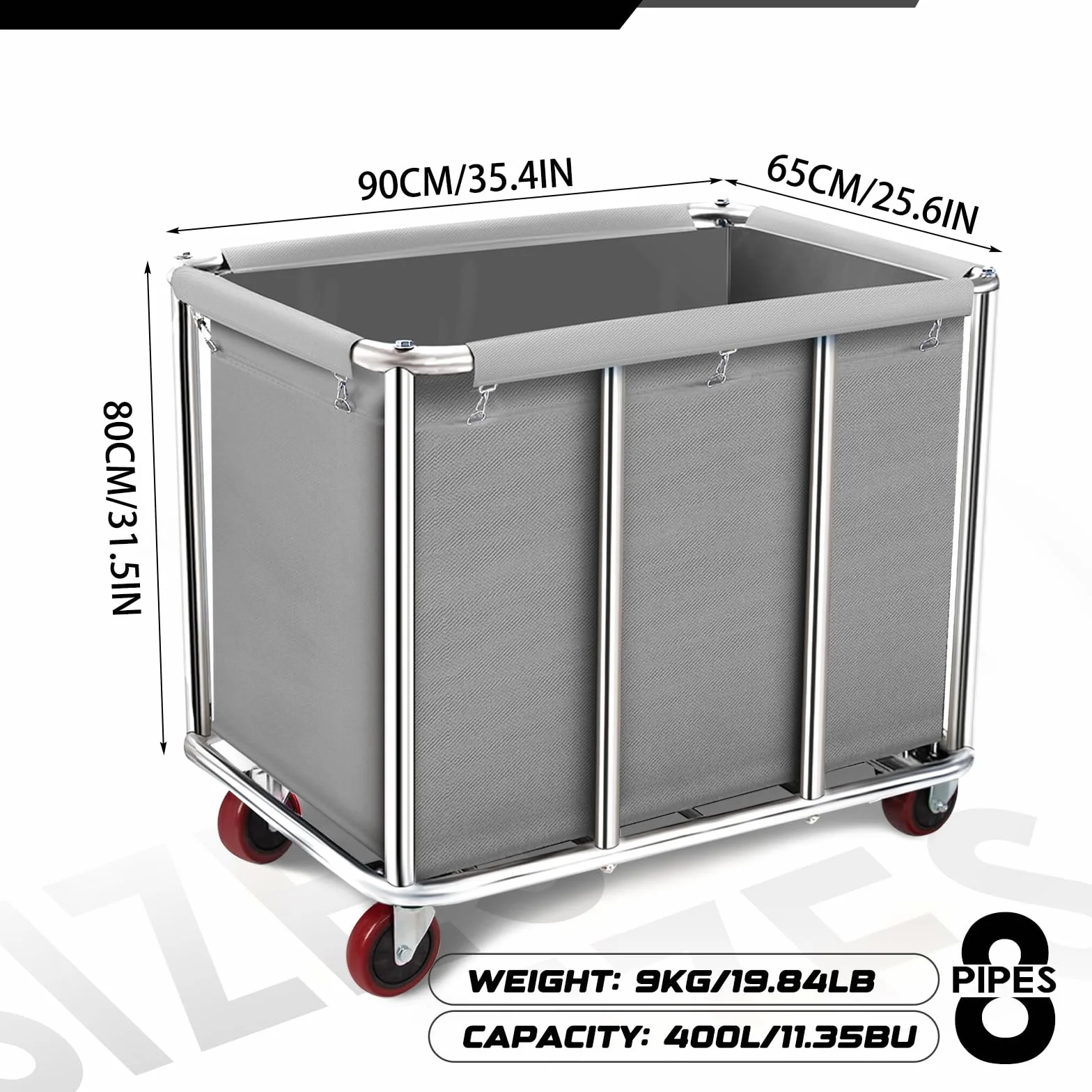Carrello portabiancheria commerciale, grande 400 litri con tela impermeabile rimovibile, cesto portabiancheria in acciaio inossidabile resistente con ruote per hotel e ospedale, carico di 199,6 kg
