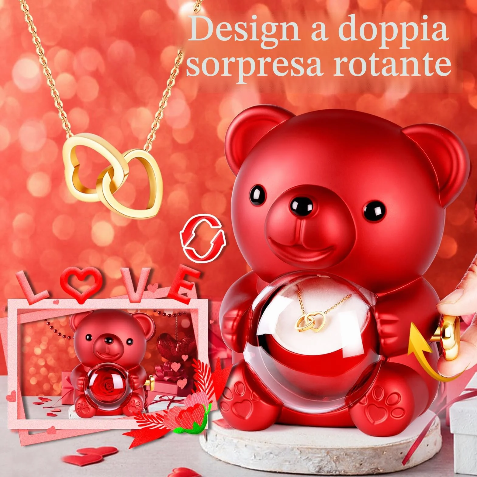 Orso di Rosa Eterna con Collana a Cuore, Orsetto Stabilizzato, Regalo San Valentino per Donna