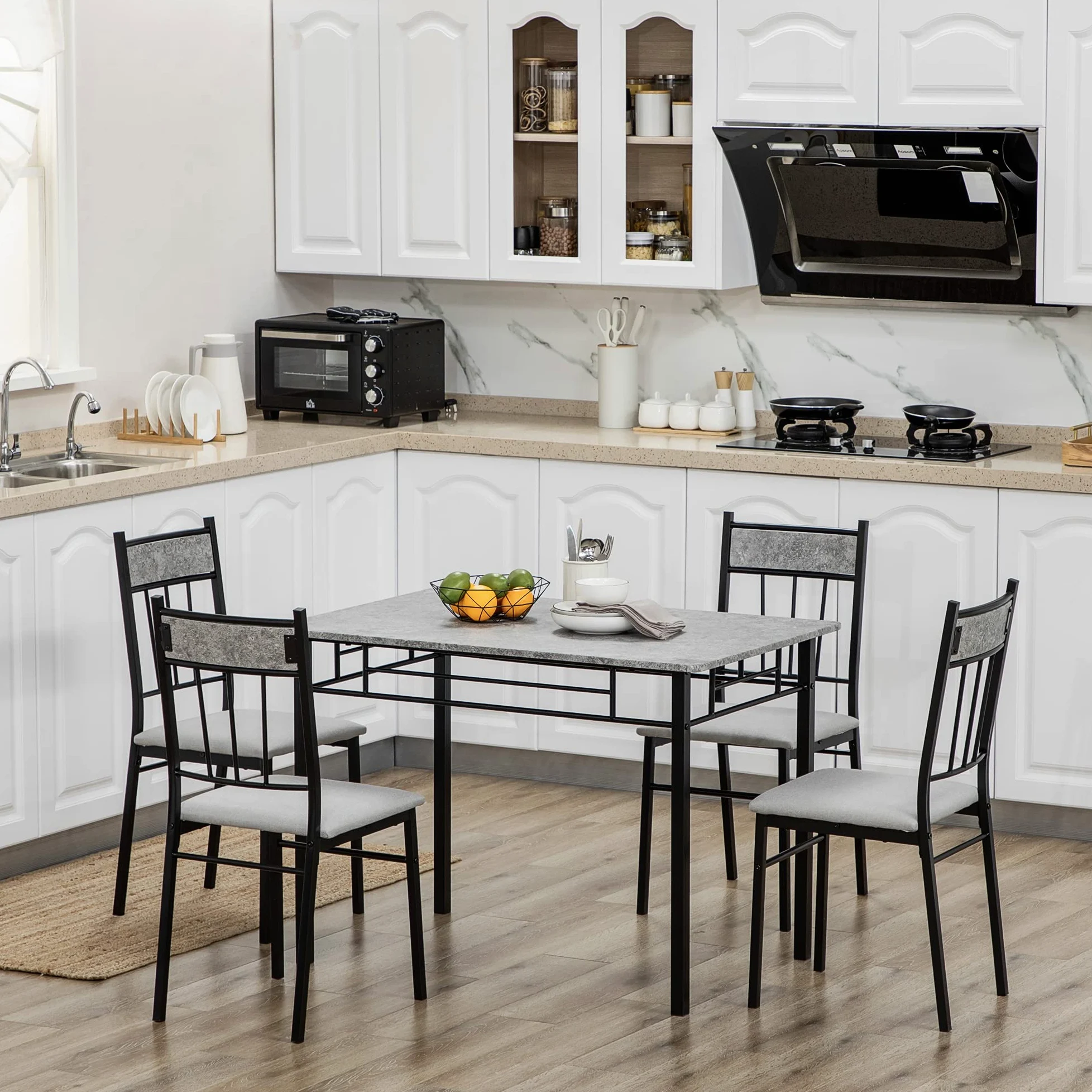HOMCOM Set Tavolo e Sedie 5pz, Tavolo da Pranzo Rettangolare in Metallo e MDF e 4 Sedie da Pranzo con Seduta Imbottita in Gommapiuma e Poliestere