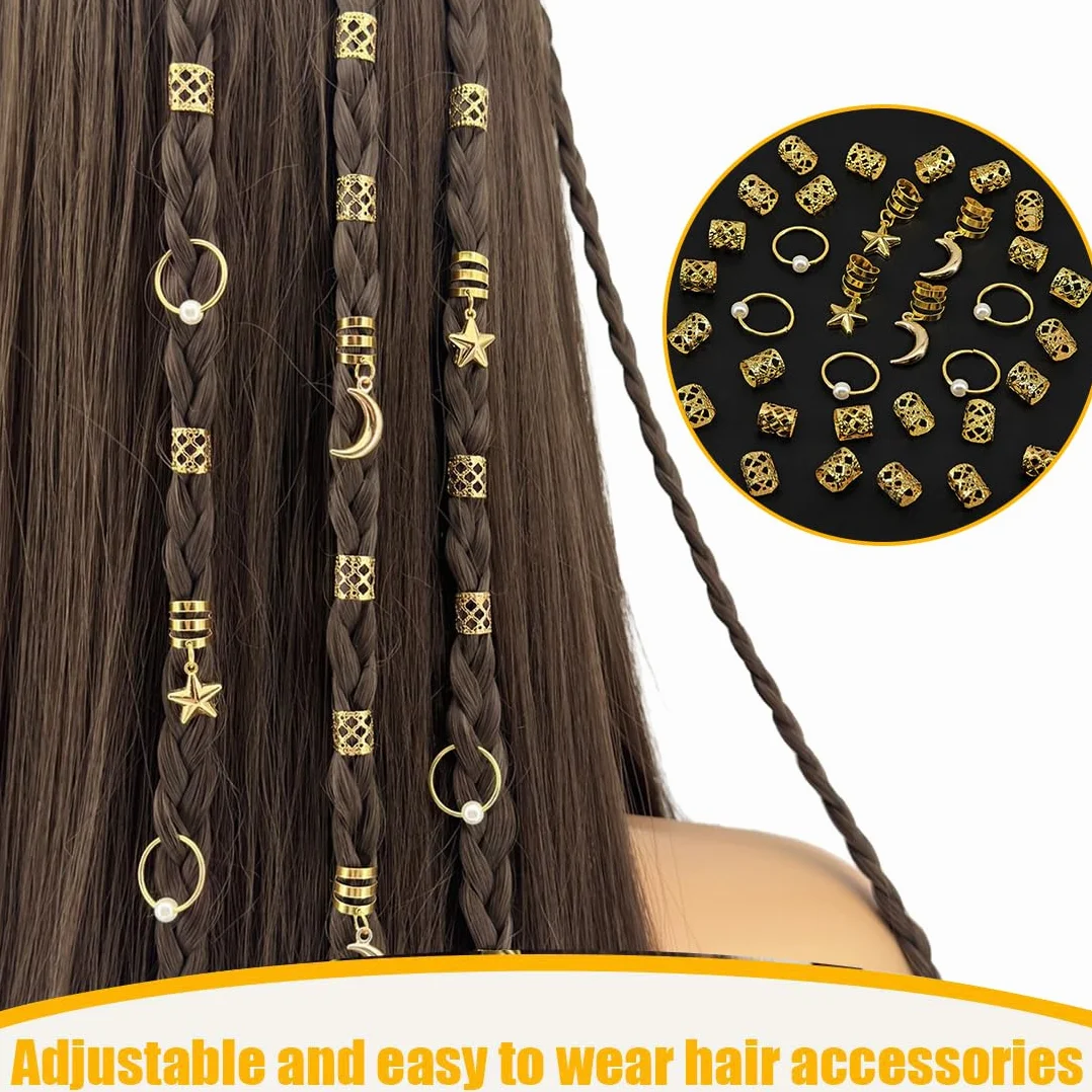 34 Pezzi Gioielli Dreadlocks Trecce Clip, Stelle e Luna Perline Regolabili in Metallo per Festival