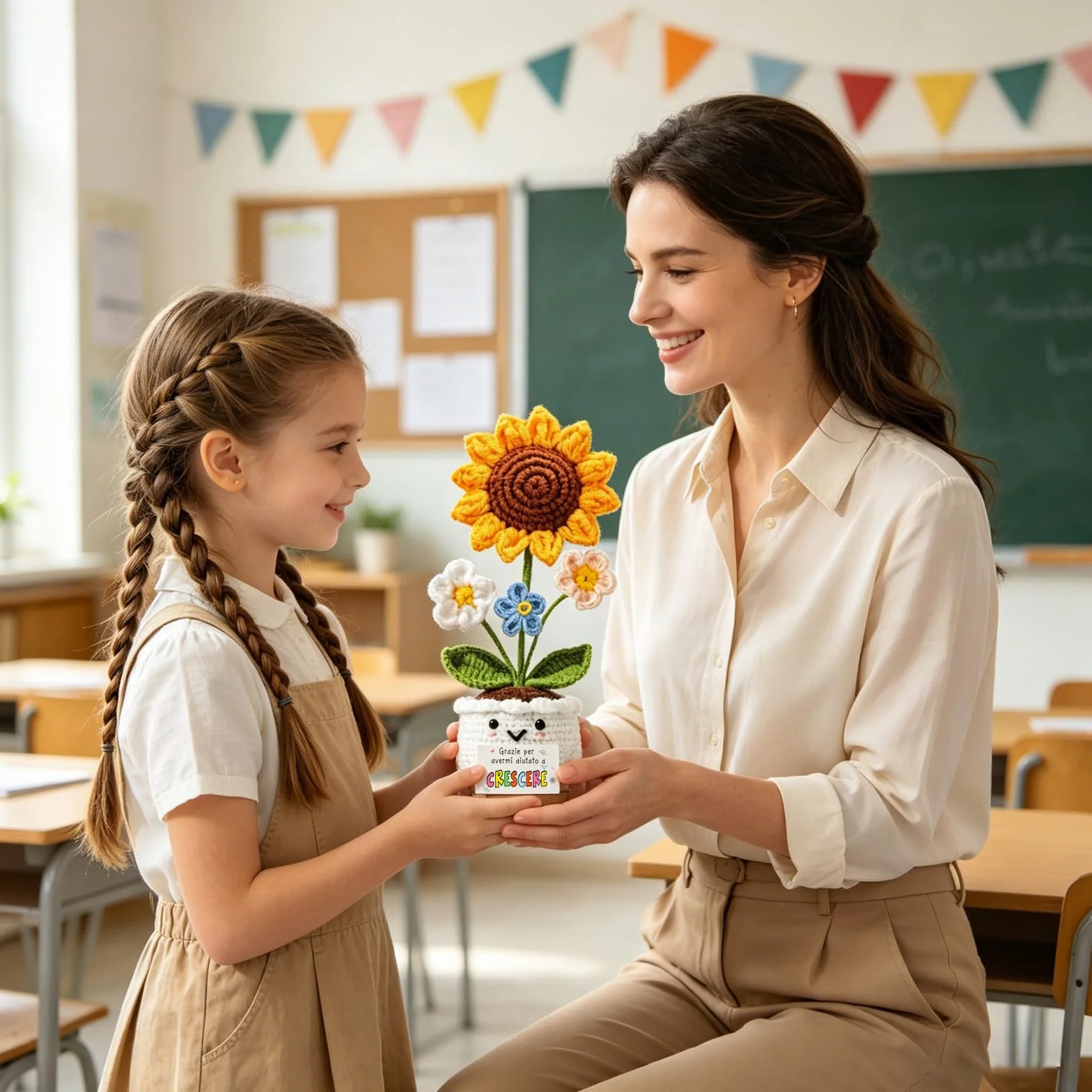 Regalo Maestra Fine Anno – 2 Girasoli all'Uncinetto con Vaso, Set Regalo Doppio Fatto a Mano