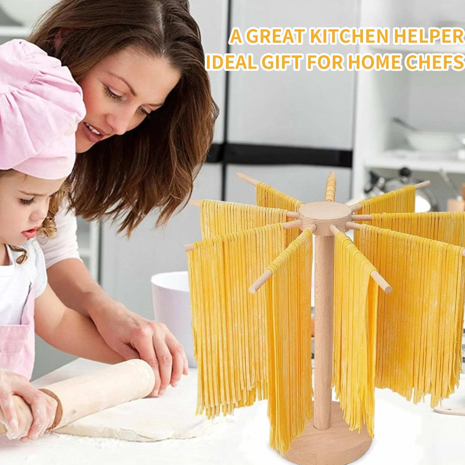 Asciugapasta in Legno con 9 Bracci Rimovibili e Base Girevole, Porta Fino a 4.5kg, Ideale per Pasta Fresca Italiana e Cinese