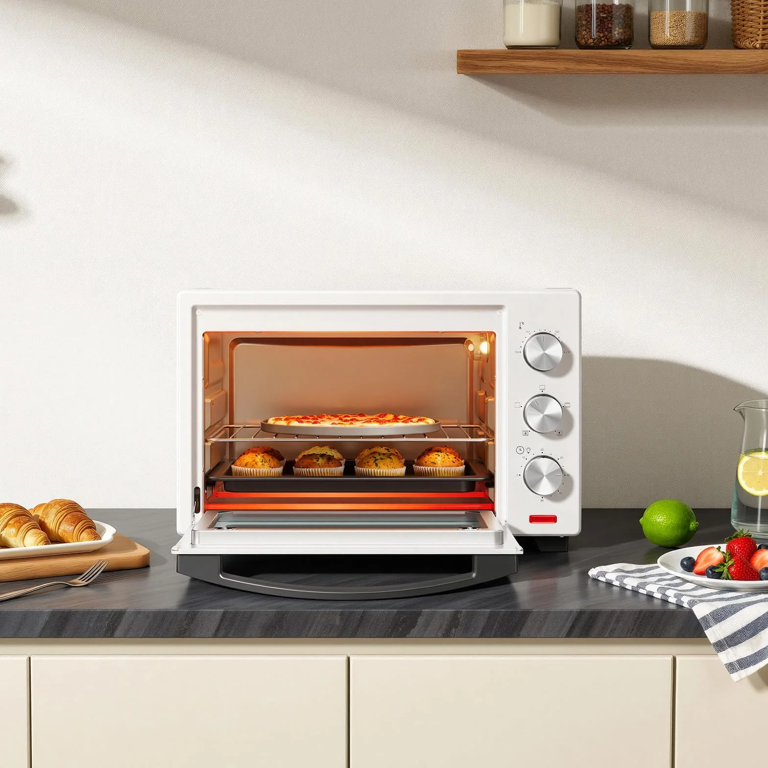 WOLTU Fornetto Elettrico 28L 1600W Temperatura 100-230°C Timer 0-60min Doppio Vetro Bianco