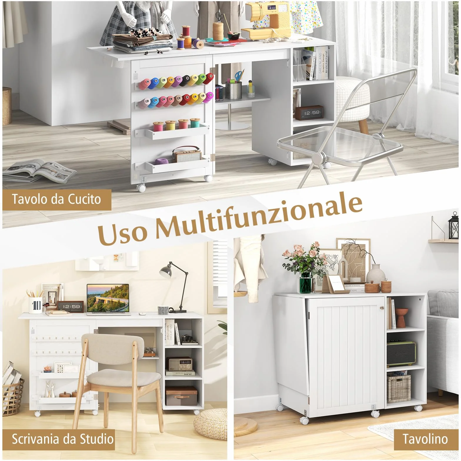 RELAX4LIFE Tavolo da Cucito Pieghevole, Mobile per Macchina da Cucire con Ripiani di Stoccaggio, 2 Contenitori e 18 Ganci, Stazione di Lavoro Portatile con Ruote Bloccabili per Spazi Ristretti