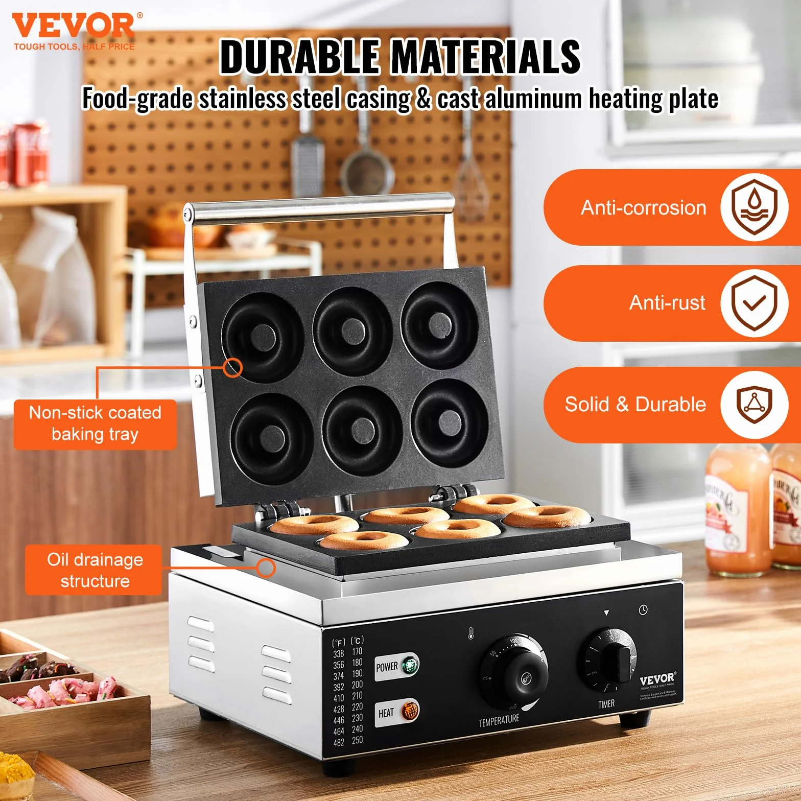 VEVOR Macchina per Ciambelle Elettrica 1550 W Macchina per Ciambelle Commerciale con Superficie Antiaderente, Entrambi Lati, Produce 6 Ciambelle, Temperatura 50-300 ℃, per Ristorante, Uso Domestico