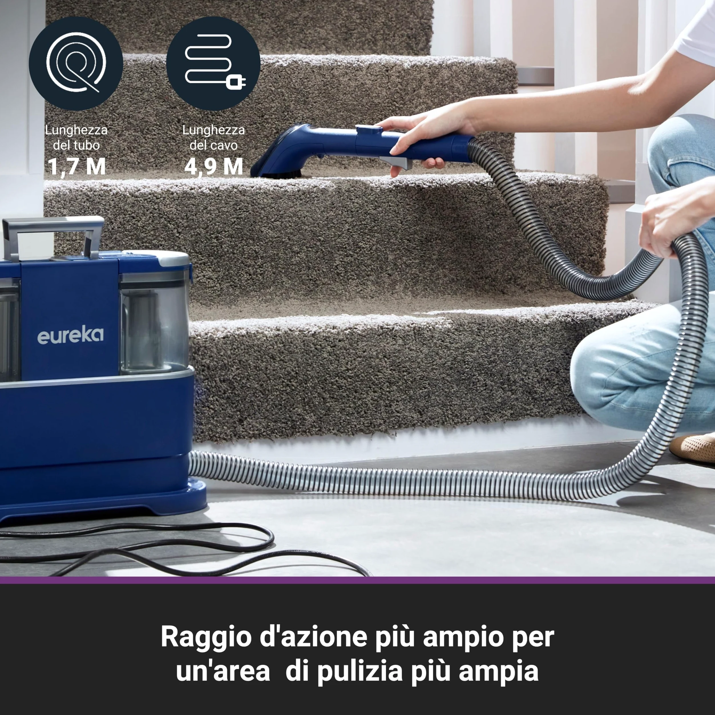 Eureka NEY100 Detergente Portatile per Moquette e Tappezzeria| Smacchiatore Multisuperficie per Moquette,Tappeti,Scale e Auto | Rimuove lo Sporco,Liquidi e le Macchie | Serbatoio d'acqua da 1,5 Litri