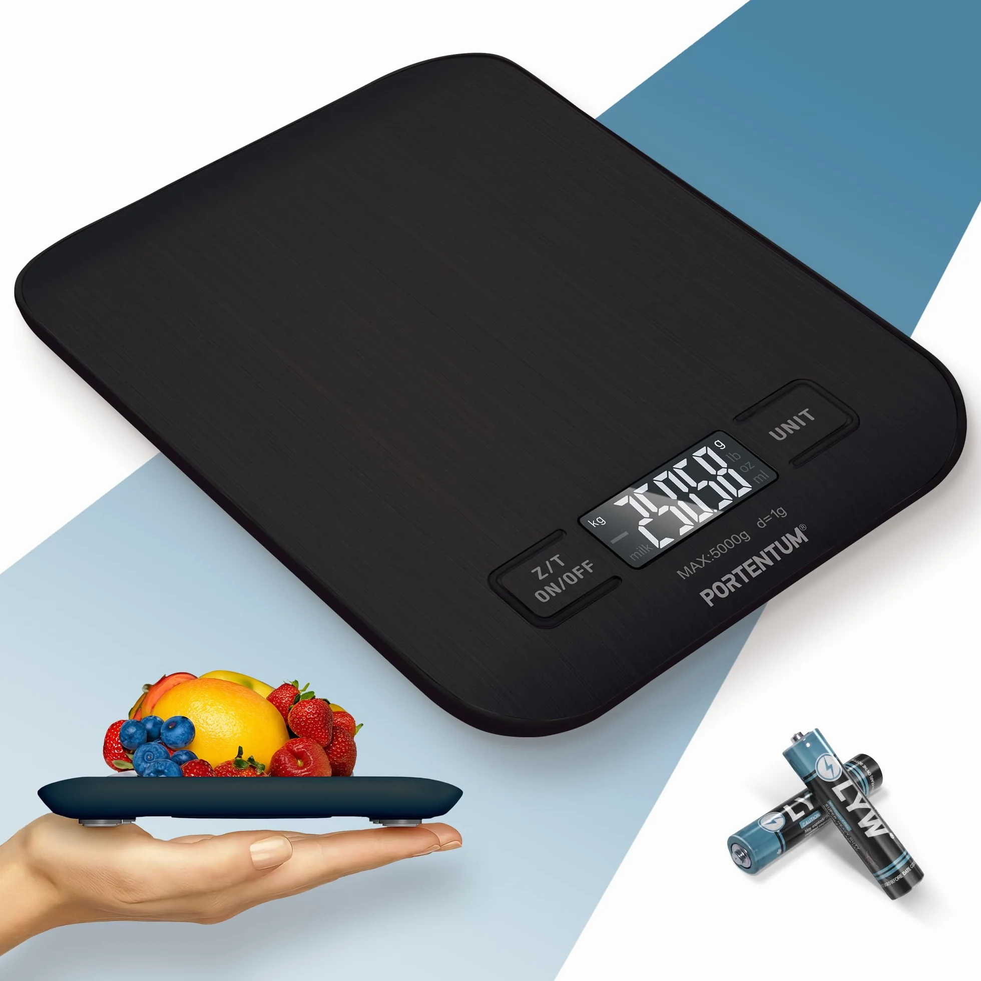 PORTENTUM Bilancia da Cucina Acciaio Inossidabile 5 kg LCD, Nero