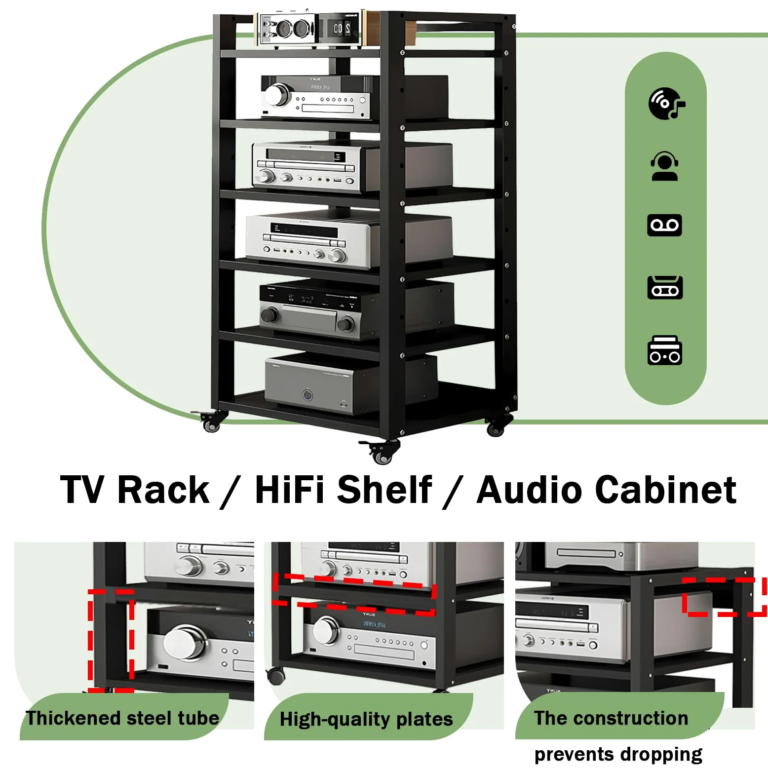 Mobile HiFi a 4 Ripiani per Giradischi e Componenti Audio - Supporto Multimediale Verticale con Struttura Robusta, Rack Stereo perfetto per Vinili, Console Gaming e Decoder, Design (A-6H, 50*40*120cm)