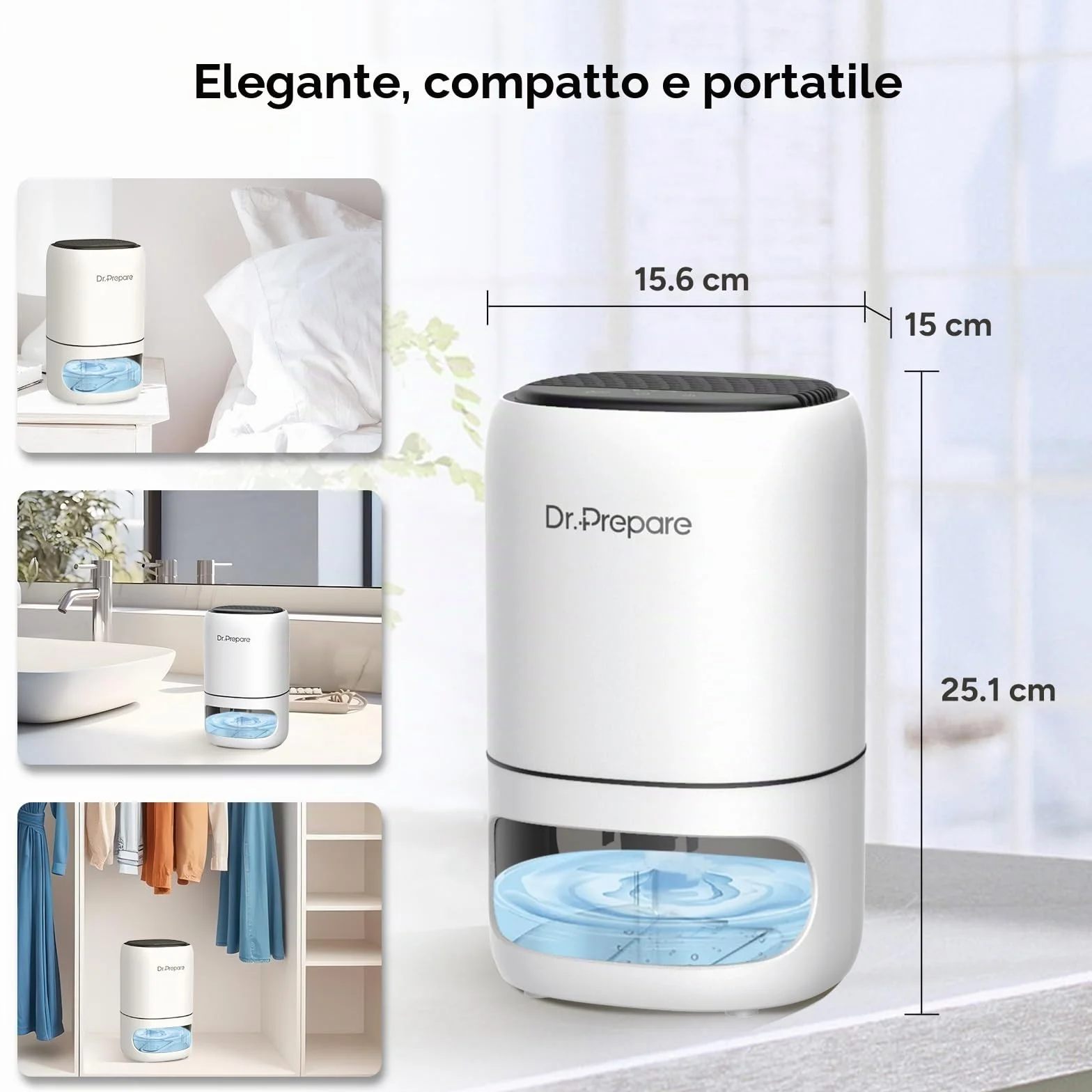 Dr.Prepare Deumidificatore Casa 1L Silenzioso Deumidificatore Portatile con Luce LED Timer 2/4/8H Spegnimento Automatico per Camera da Letto Bagno Armadio Camper
