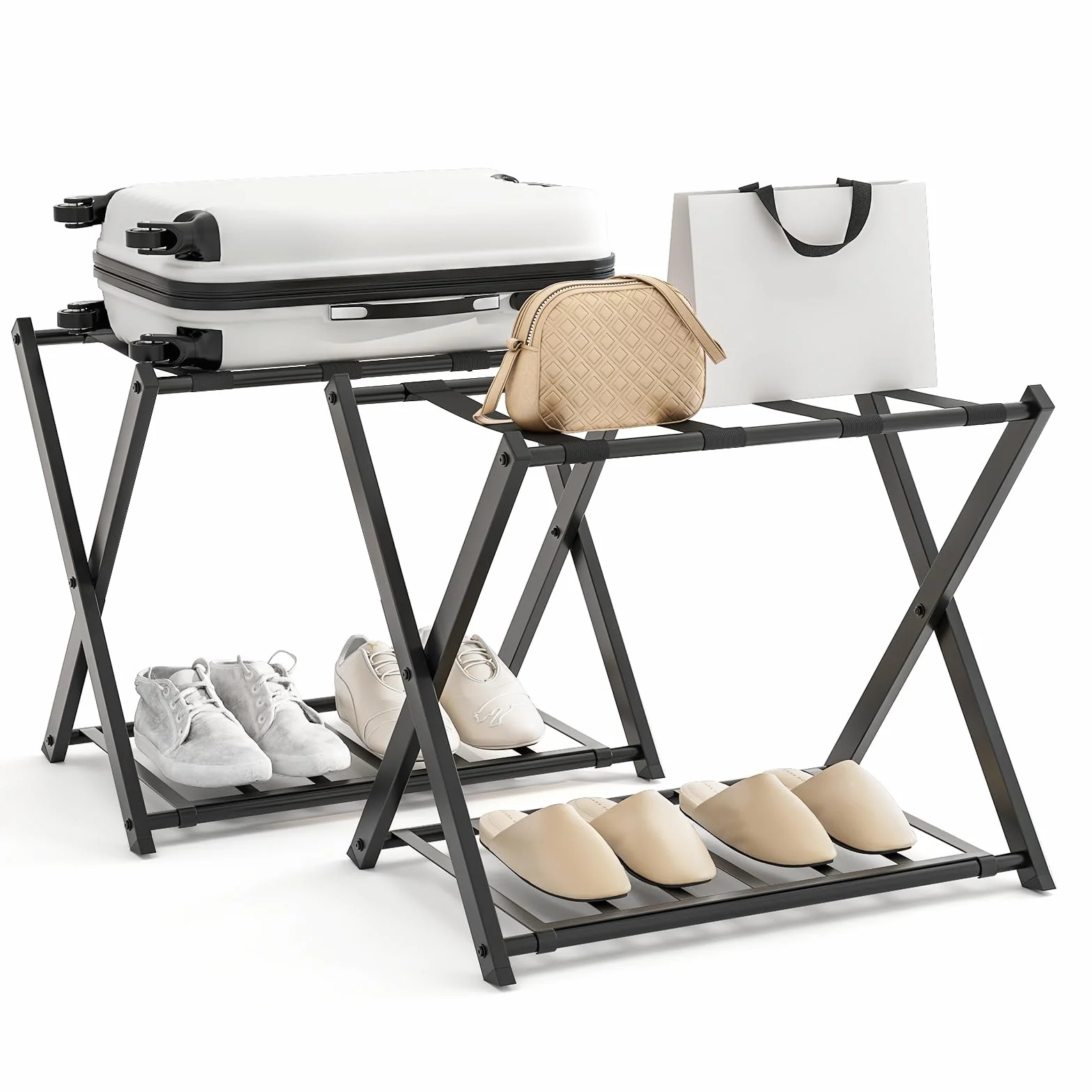 GIANTEX Portavaligia Pieghevole 70 kg 2 Ripiani Scarpiera Ferro 63,5x44x67 cm Nero