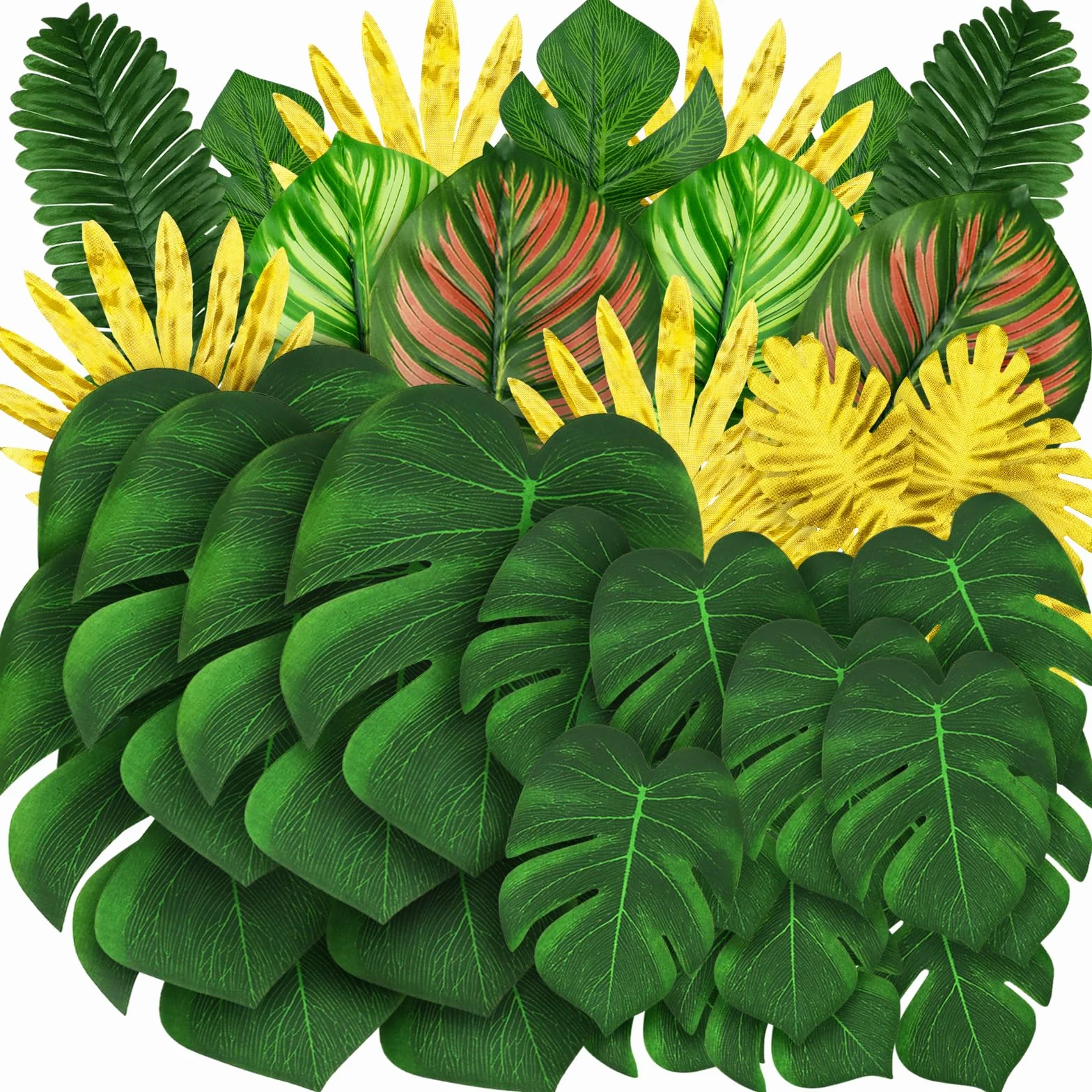 QUOZUO 50 pezzi foglie tropicali artificiali Monstera decorazione verde e oro
