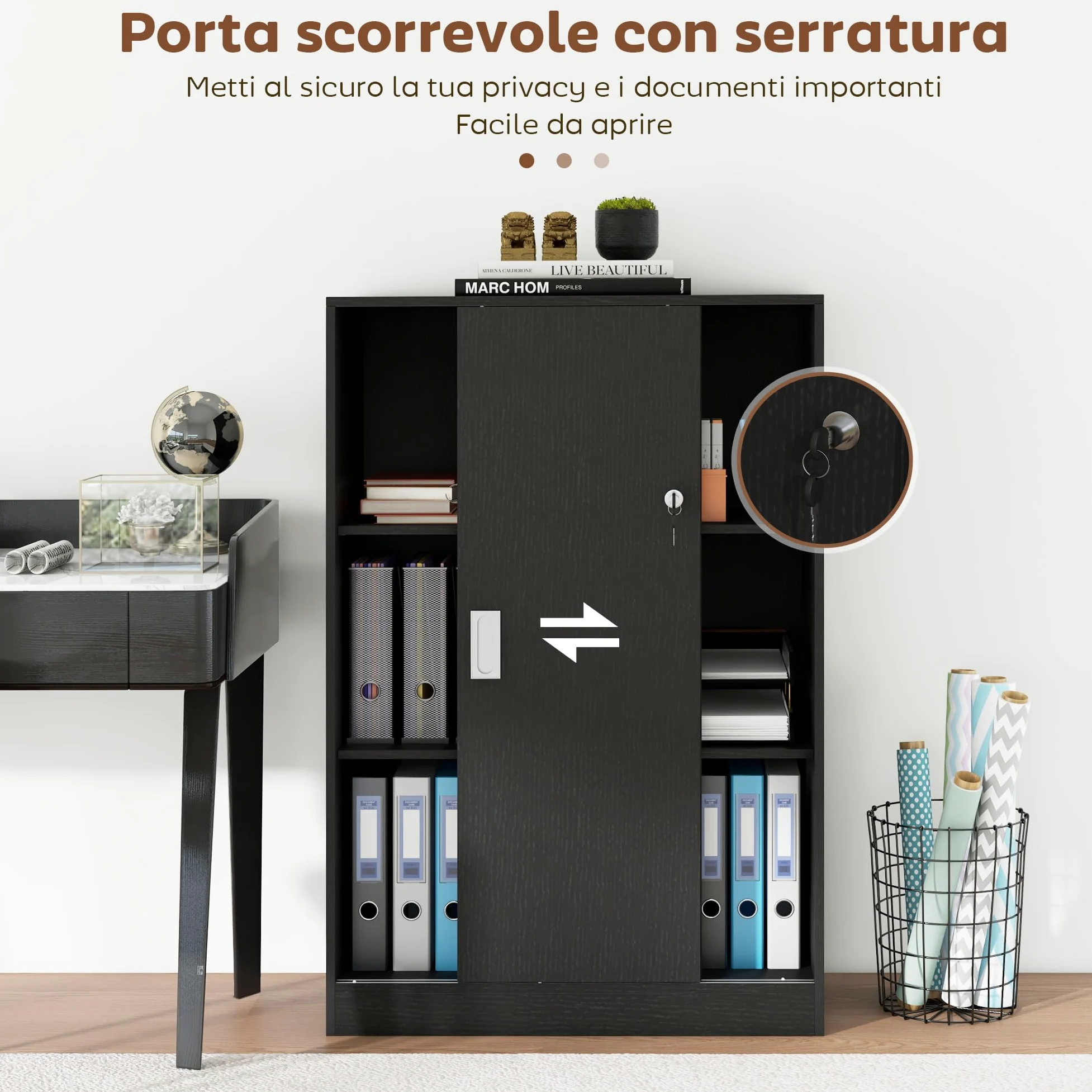 HOMCOM Armadietto da Ufficio a 3 Ripiani e ad Anta Doppia, Mobiletto Armadio da Ufficio in Legno, Mobiletto Multiuso con Chiusura e 2 Chiavi di Sicurezza per Studio, Garage e Soggiorno, Nero