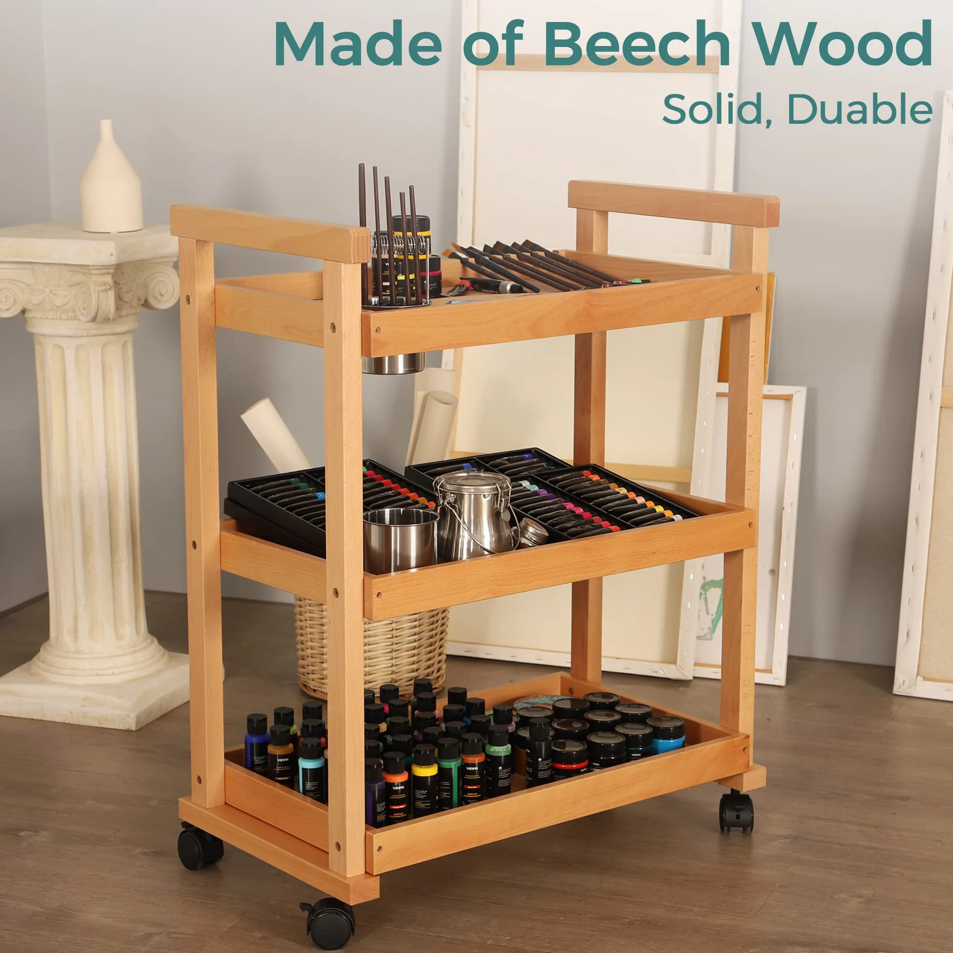 VISWIN 93 cm H art Cart Storage Organizer 3-Tier, Carrello Multiuso Rotante in Legno di Faggio Massiccio con Ruote Piroettanti, Carrello Multifunzionale per Lo Studio, l'Aula e la Cucina
