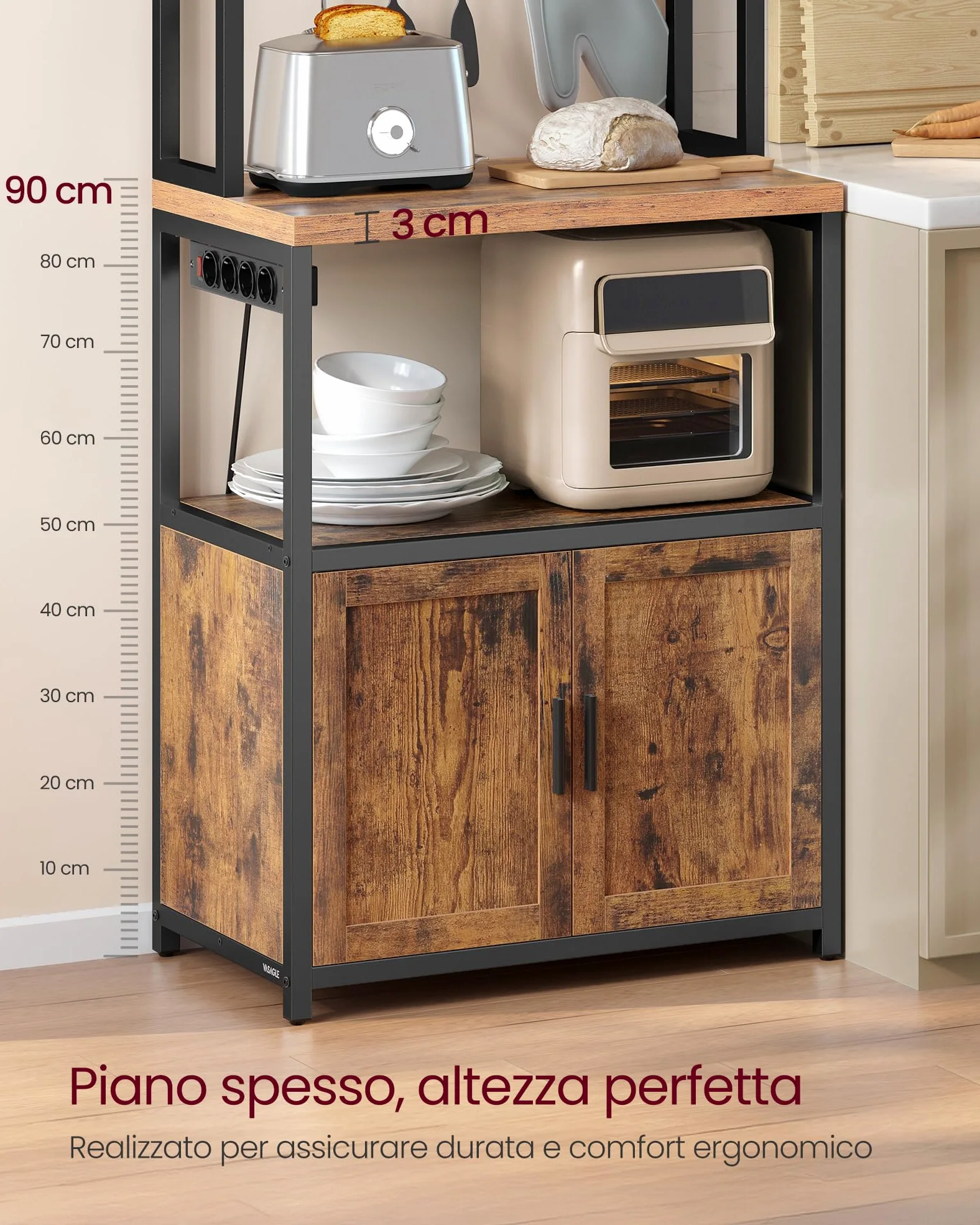 VASAGLE Scaffale Cucina con Prese, con Piano Alto 90 cm, Scaffale per Microonde con 8 Ganci, 40 x 60 x 170 cm, Marrone Vintage e Nero Inchiostro KKS058K02