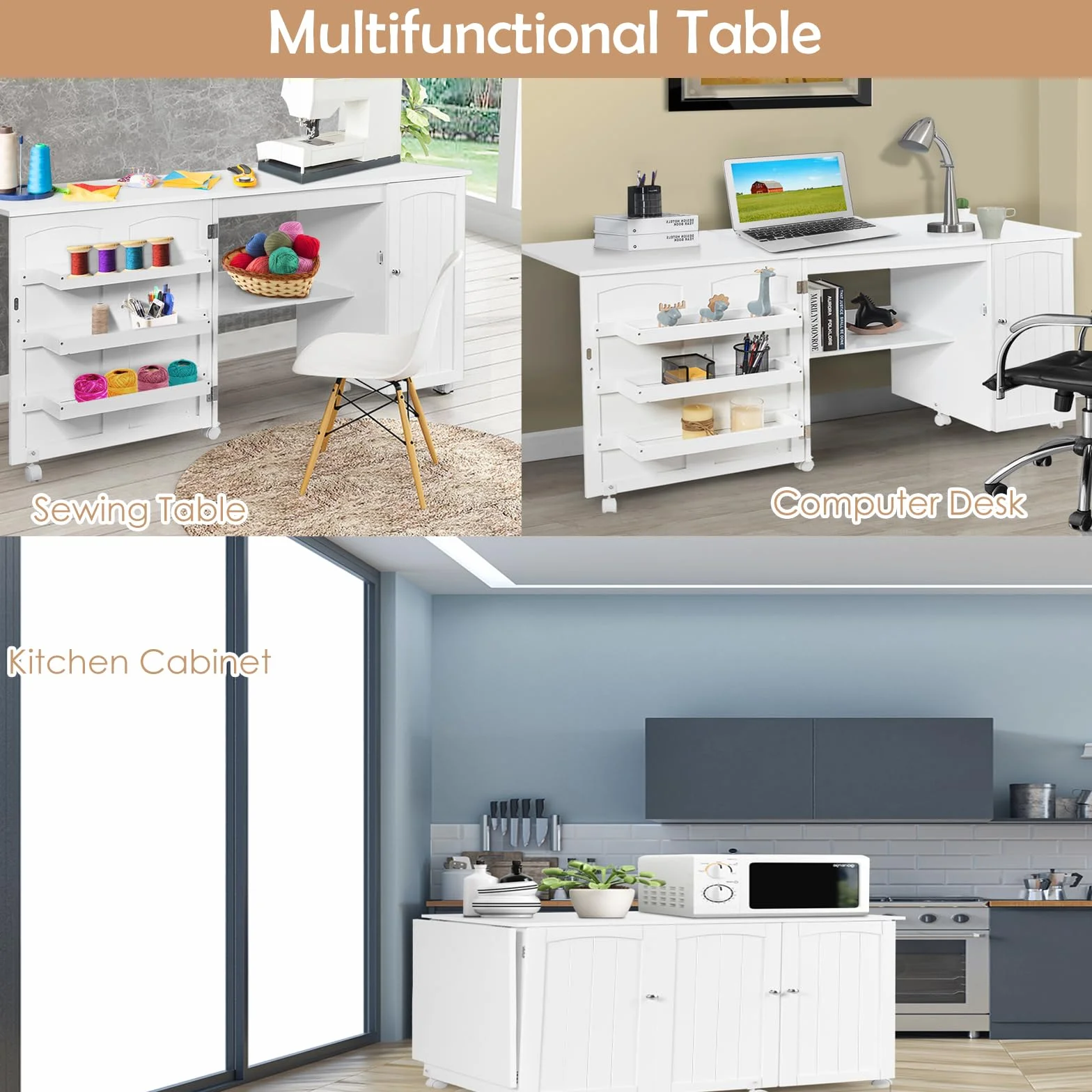 LIFEZEAL 3 in 1 Armadietto per Cucito, Tavolo per Macchina da Cucire, Salvaspazio, Pieghevole, Mobile, Tavolo da Stiro, Credenza, 6 Ruote, 3 Mensole e 1 Ripiano, Ampio Piano, 158,5x50x74cm (bianco)