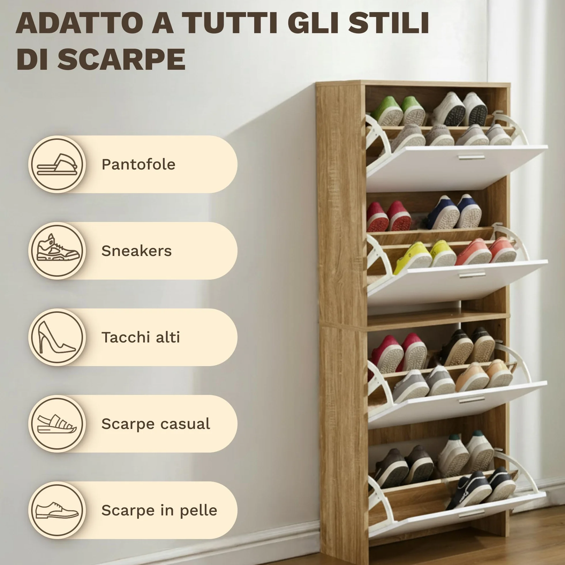 Scarpiera salvaspazio slim 60 cm legno bianco 4 ante 24 paia design moderno alto stretto