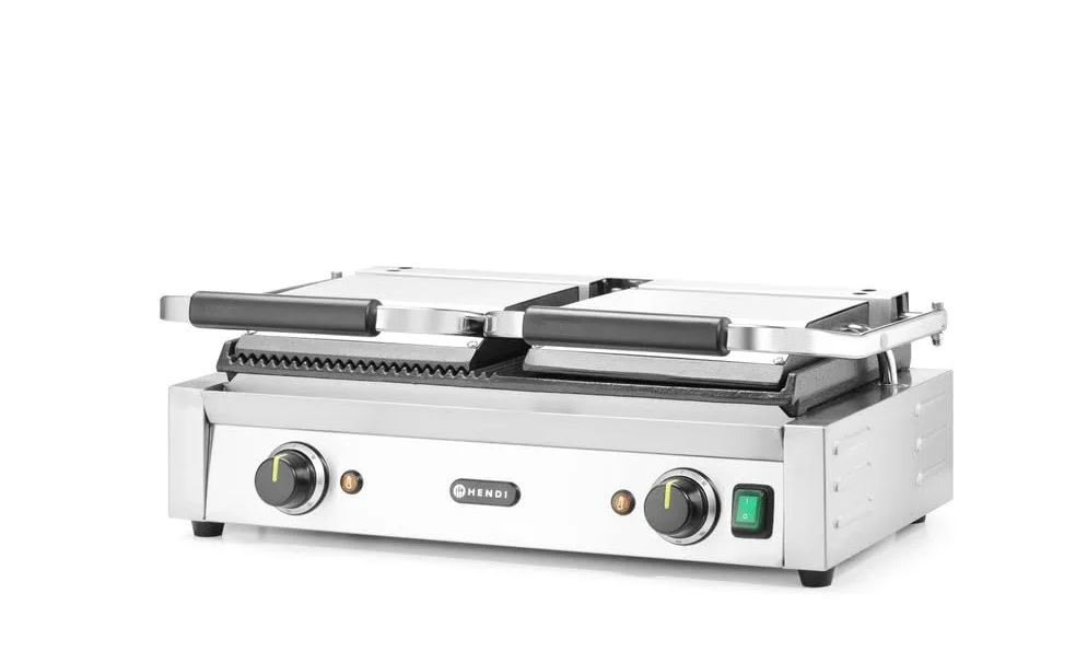 HENDI Piastra Elettrica a Contatto Doppia, Grill/Griglia Panini Professionale, Piastre Liscia e Rigata in Ghisa Smaltata, 230V, 3600W, 570x375x(H)216mm, Acciaio Inox