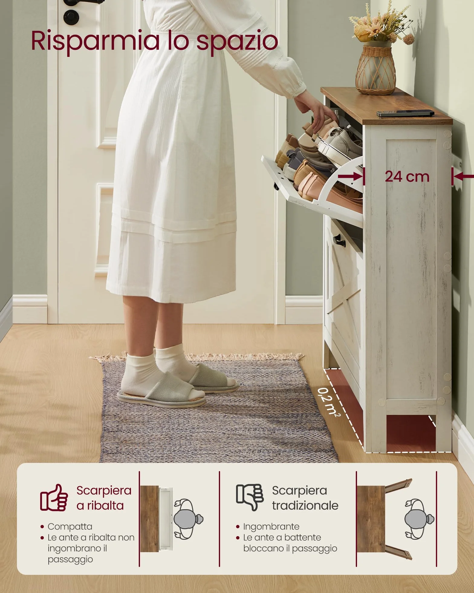 VASAGLE LIRY Collezione Scarpiera con 2 Scomparti a Ribalta Slim Bianco Vintage