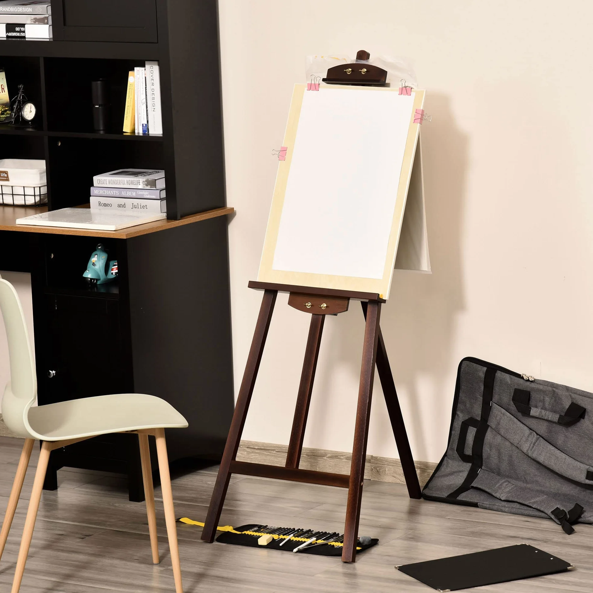 HOMCOM Cavalletto Pittura 135 cm Treppiede Legno Pino Regolabile Portatile Pieghevole per Tela Artisti