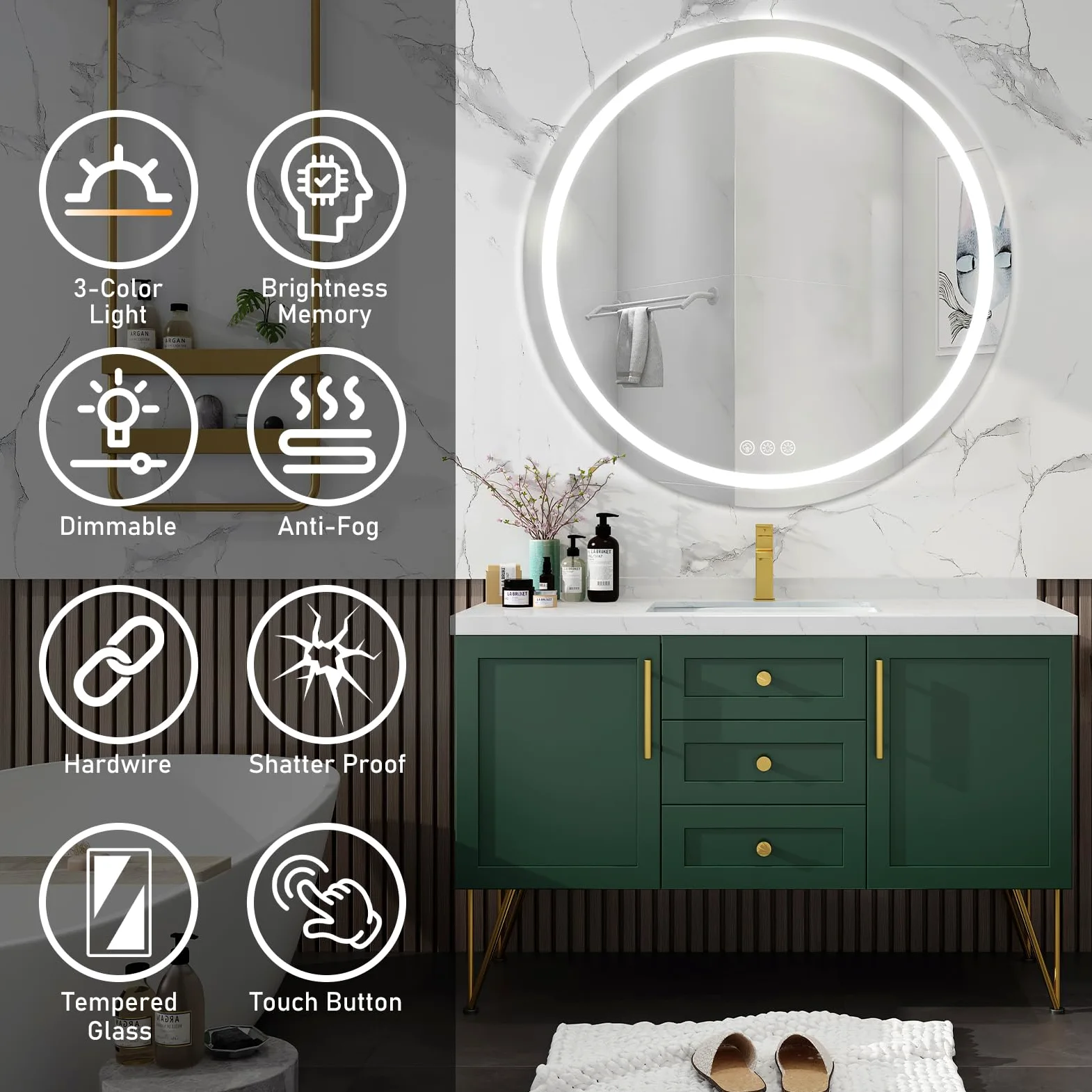 80cm Specchio Bagno Rotondo con Luce LED， Rotondo Specchio da Parete Antideflagrante con Luminosità Regolabile，3 Colori Luce， IP44 impermeabile, vetro temperato