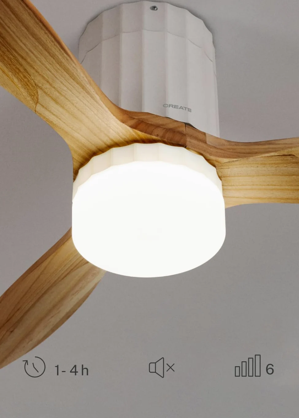 CREATE / WINDCALM LINE/Ventilatore da soffitto bianco con luce Wifi e telecomando, pale Legno chiaro linee verticali / 40W, Timer, Ø132 cm, 6 velocità, 3 temperature di luce, funzione estate-inverno
