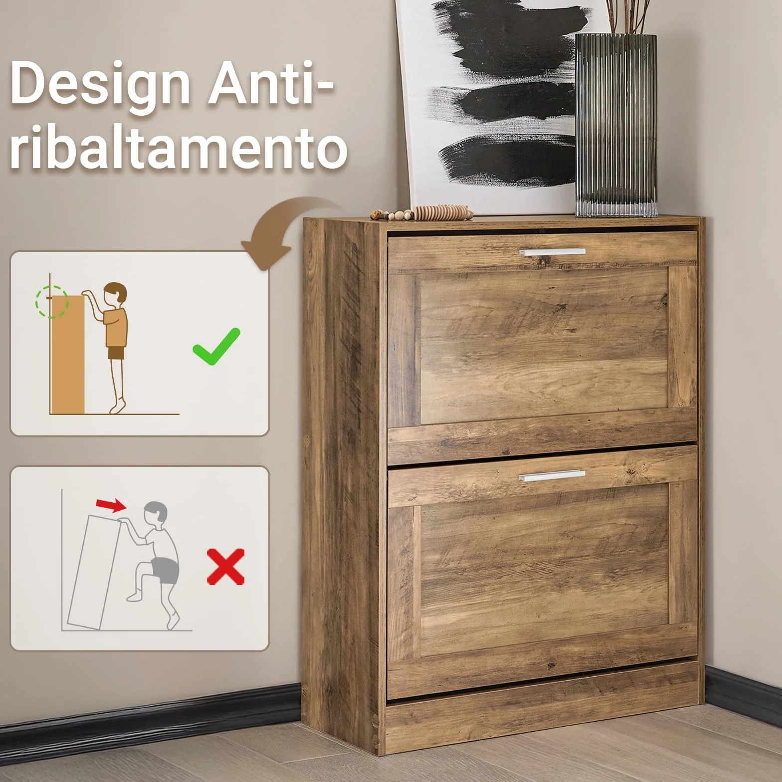 Scarpiera Salvaspazio Slim SoBuy 2 Ribalte 12 Paia 60x25x80cm Noce FSR137-F