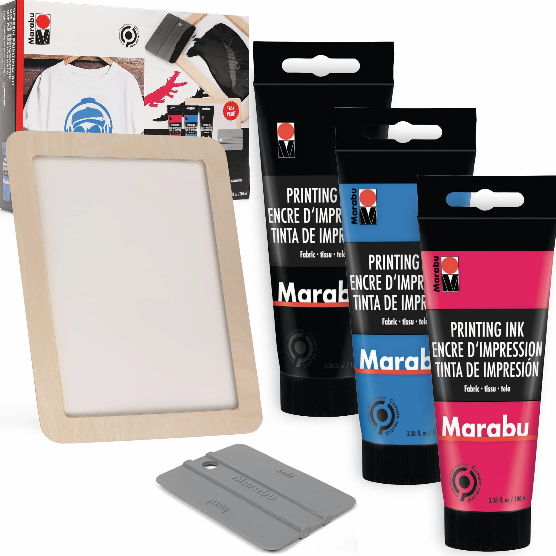 Marabu Kit per Serigrafia Con Cornice in Legno Riutilizzabile, Spatola e 3 Inchiostri da 100 ml - per Principianti