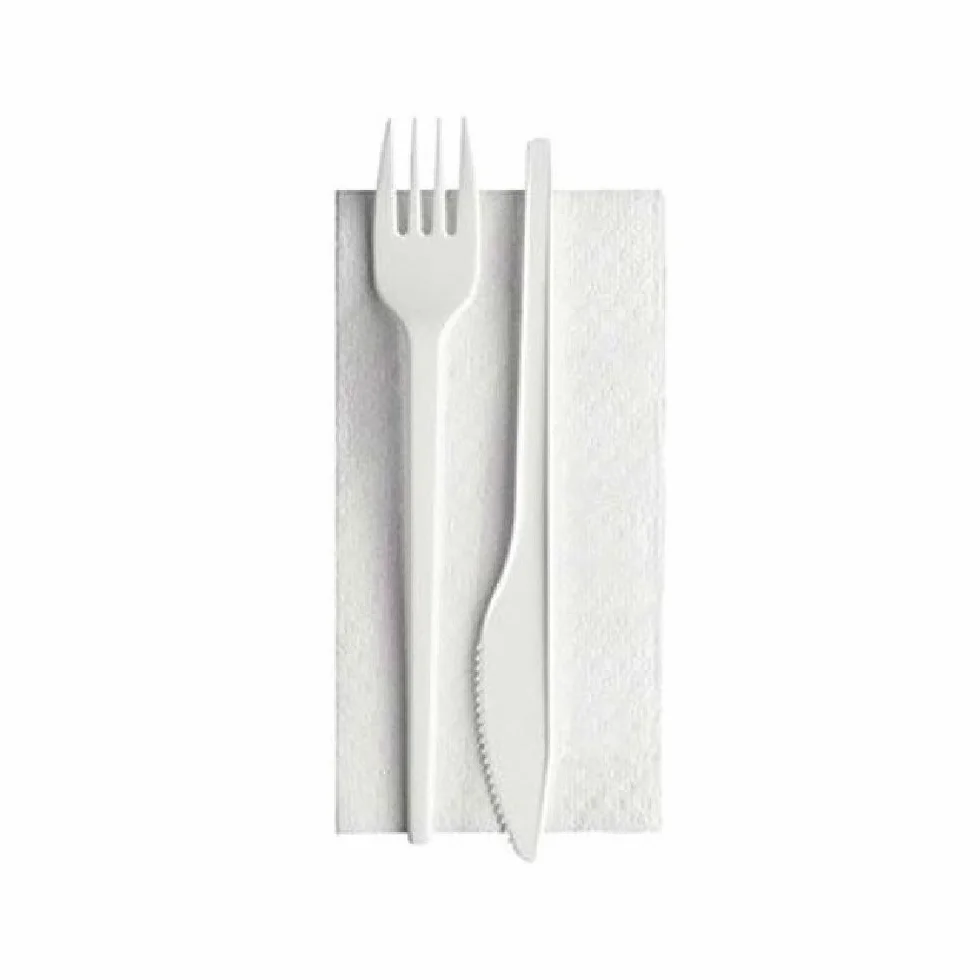 BIS DI POSATE IMBUSTATE CON TOVAGLIOLO 100 PEZZI SET BIANCO Monouso Biodegradabili Compostabili