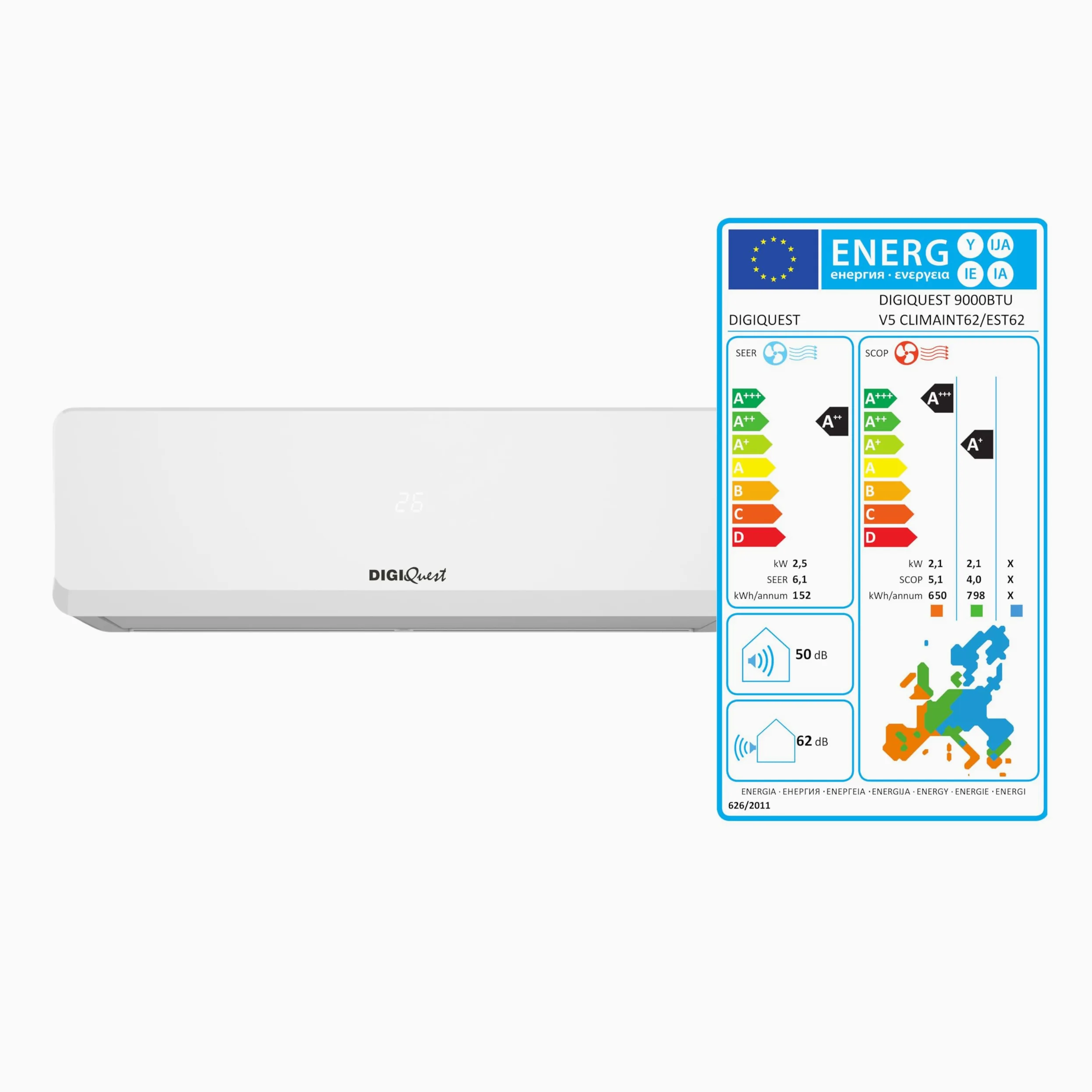 Climatizzatore Digiquest Inverter V5 9000BTU | Wi-Fi integrato | R32 | Classe A++ Raffreddamento/A+++ Riscaldamento | I FEEL | Flusso d'aria 3D | TURBO | Notte | SEER 6,1 |SCOP 5,1 | CLIMA00062