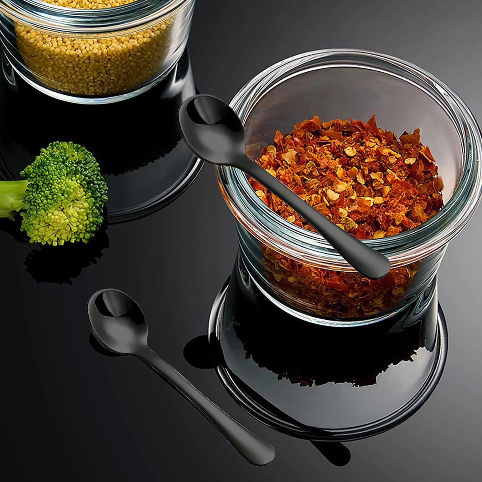 GlamRays 8 Pezzi Piccoli Cucchiai in Acciaio Inox per Barattoli Spezie, Mini Dimensione 7,5CM, Adorabili Piccoli Cucchiai Acciaio Inox per Spezie, Sale, Piccole Palettine Divertenti (Nero)
