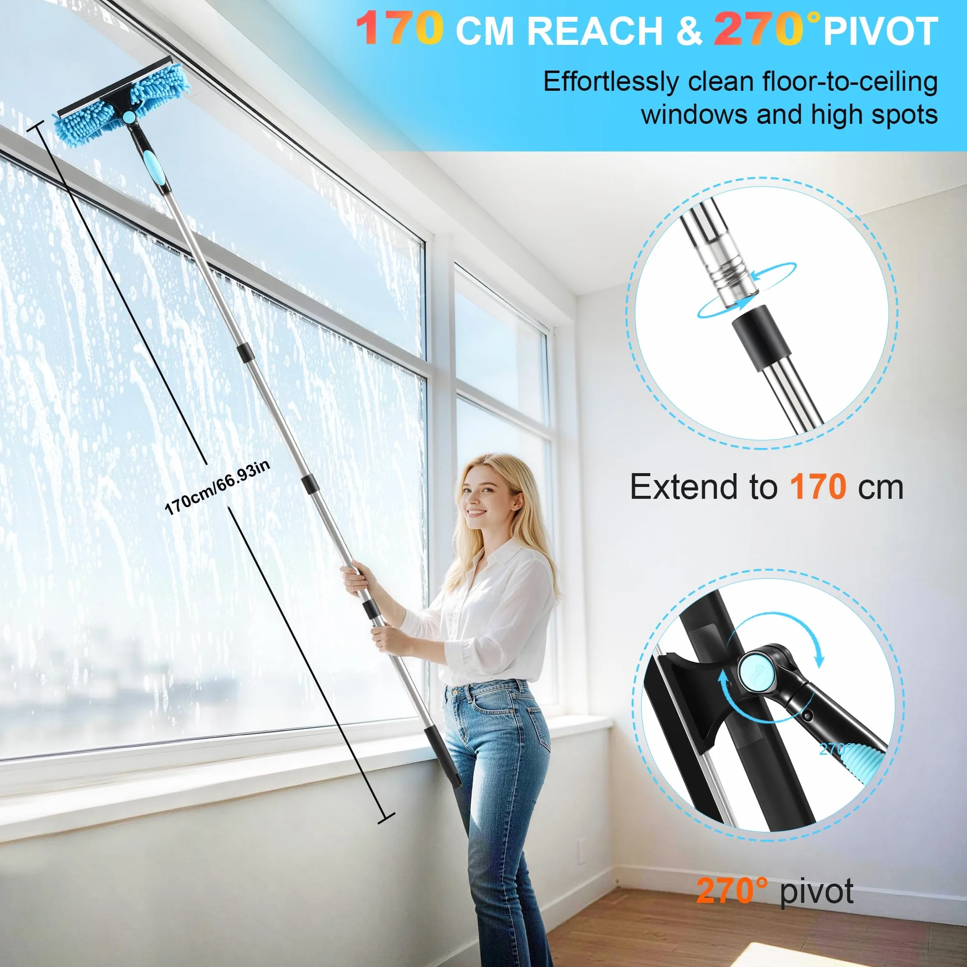 Lavavetri 3 in 1 Professionale con Manico Telescopico 170 cm, Tergicristallo Staccabile per Vetri e Finestre Alte