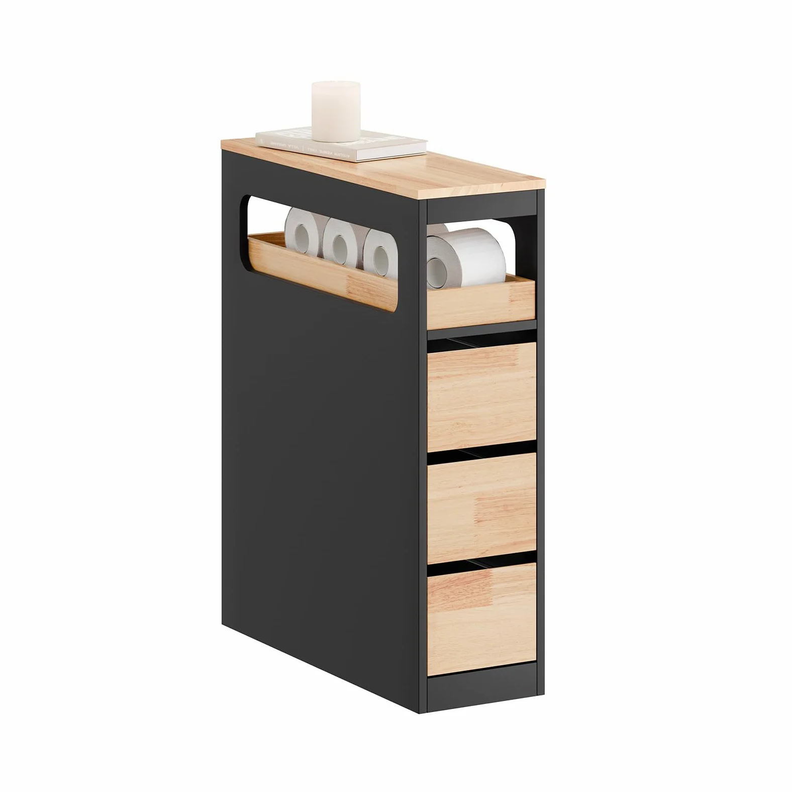 SoBuy Mobiletto Bagno Salvaspazio Cassettiera Bagno Stretto 3 Cassetti con Ruote per Angoli e Nicchie per Piccoli Spazi e Famiglie Nero 65x23x82cm BZR54-II-SCH