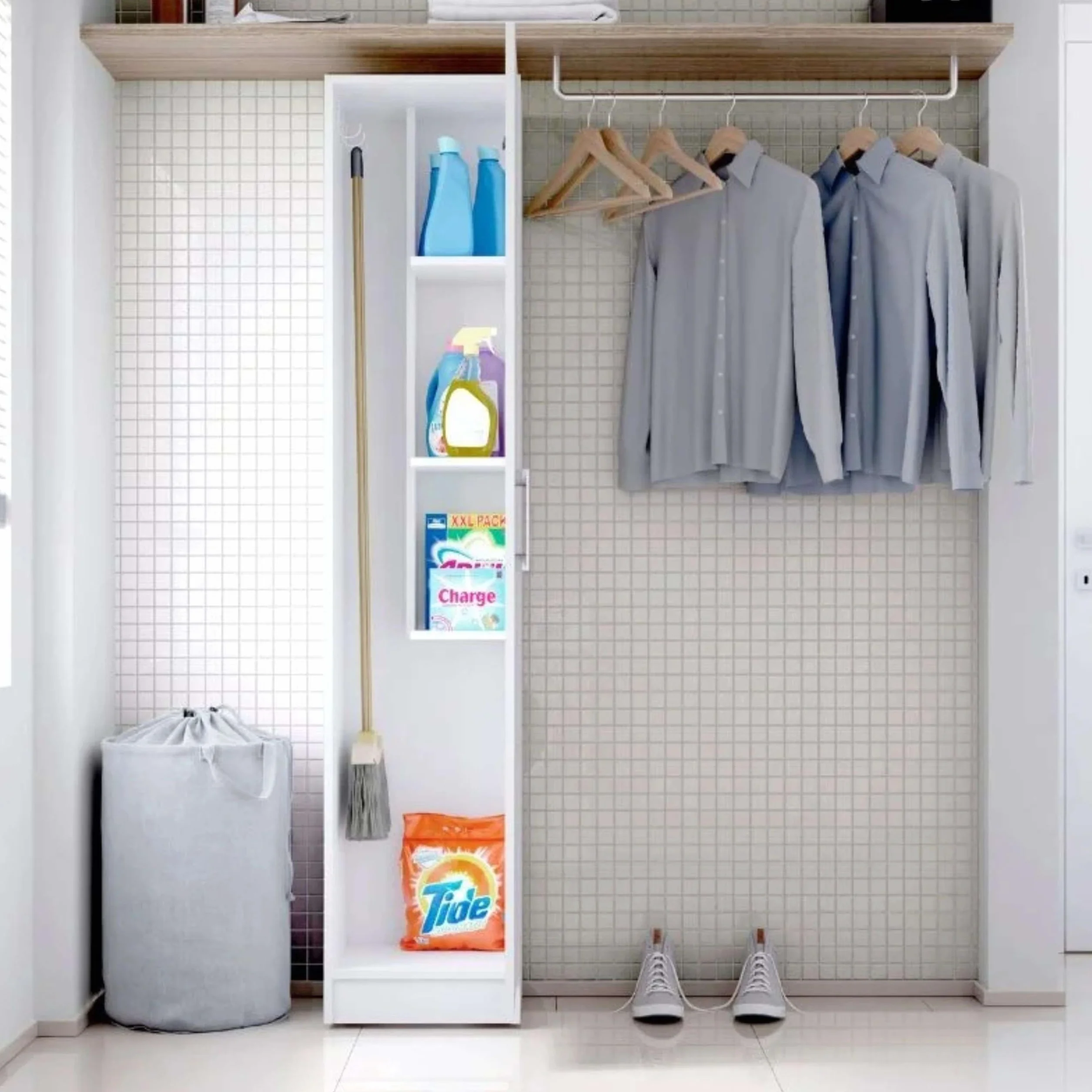 Miroytengo Armadio ausiliario multiuso alto anta apribile colore bianco 35 x 170 cm stile moderno cucina