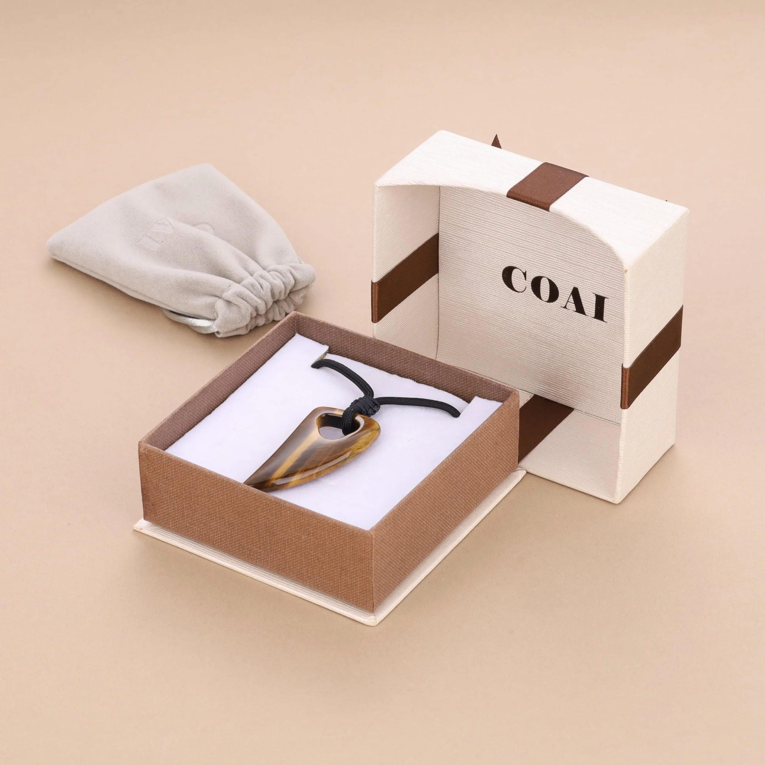 Pendente Dente di Lupo Stilizzato in Pietre Naturali, Collana Unisex con Laccio Regolabile, Occhio di Tigre, Ossidiana