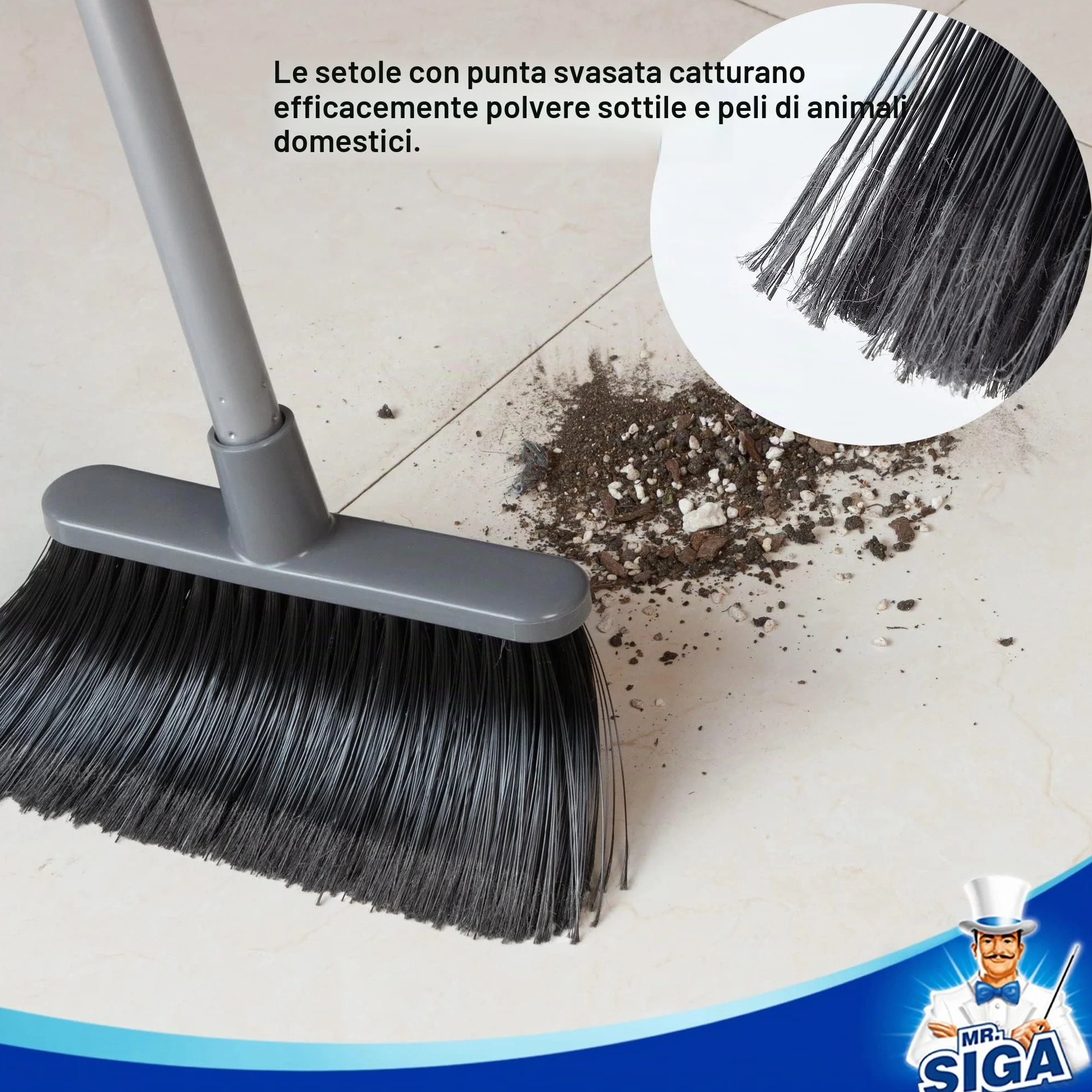 MR.SIGA Set scopa e paletta a manico lungo, spazzola verticale e paletta combinata per la pulizia dei pavimenti, grigio