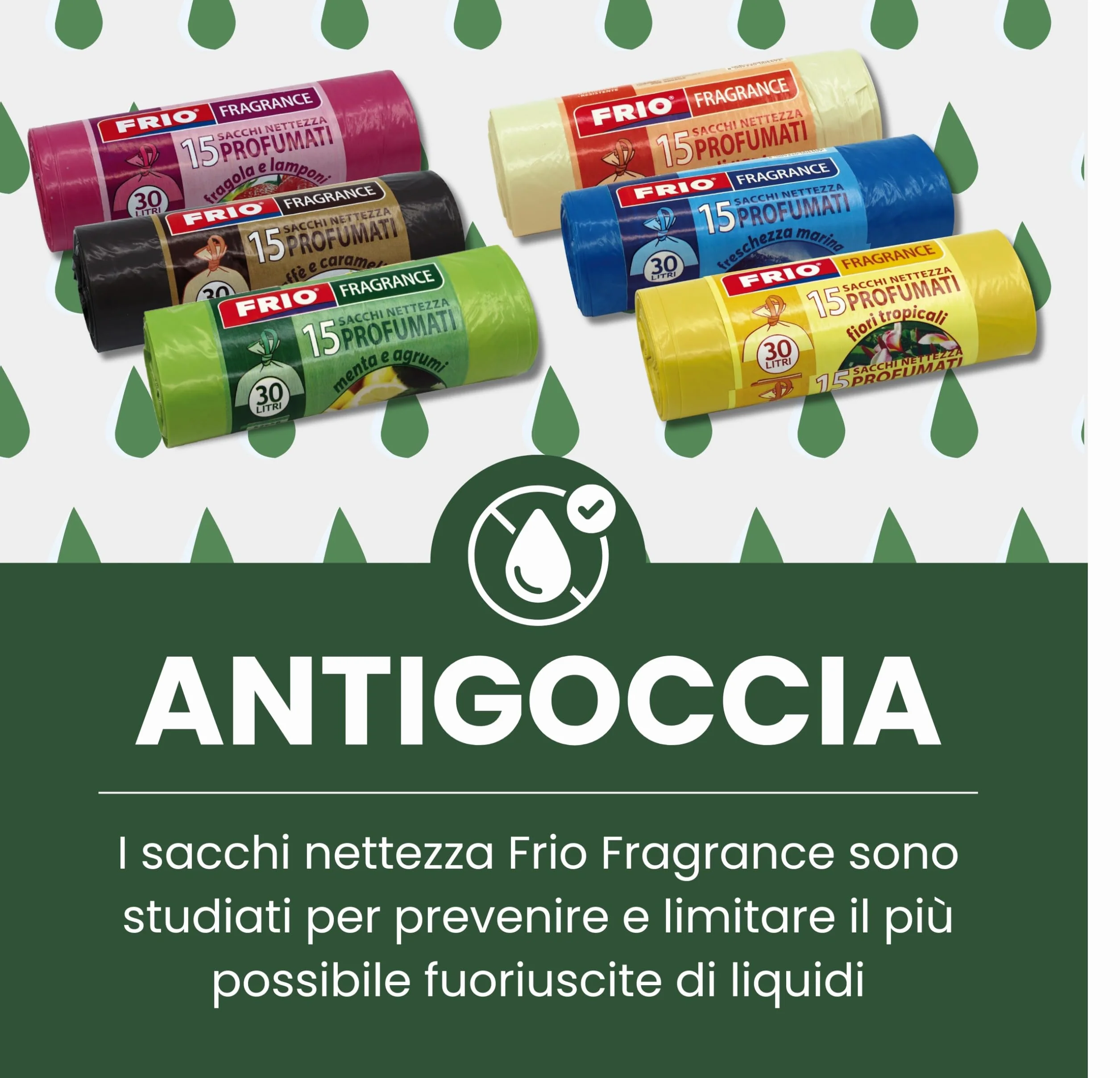 FRIO Multifrutti - 90 Sacchetti spazzatura 30 Litri Profumati, 6 Confezioni da 15 Sacchi immondizia con 6 aromi, colori assortiti - 52x58 cm - Buste per pattumiera resistenti, piccoli, differenziata
