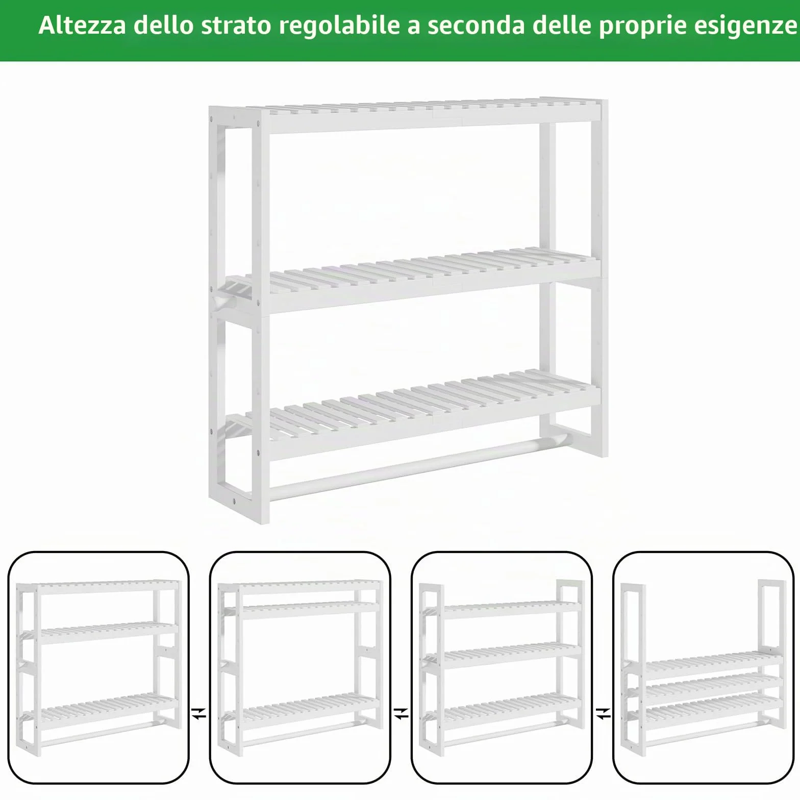 Mensola portaoggetti da bagno 50x53,2x15 cm 3 livelli regolabili bambù bianco con asta appendiabiti
