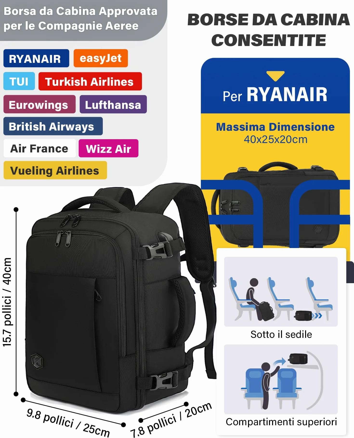 VANKEV Zaino Ryanair 40x20x25 Bagaglio a Mano 20L 14 Pollici Nero
