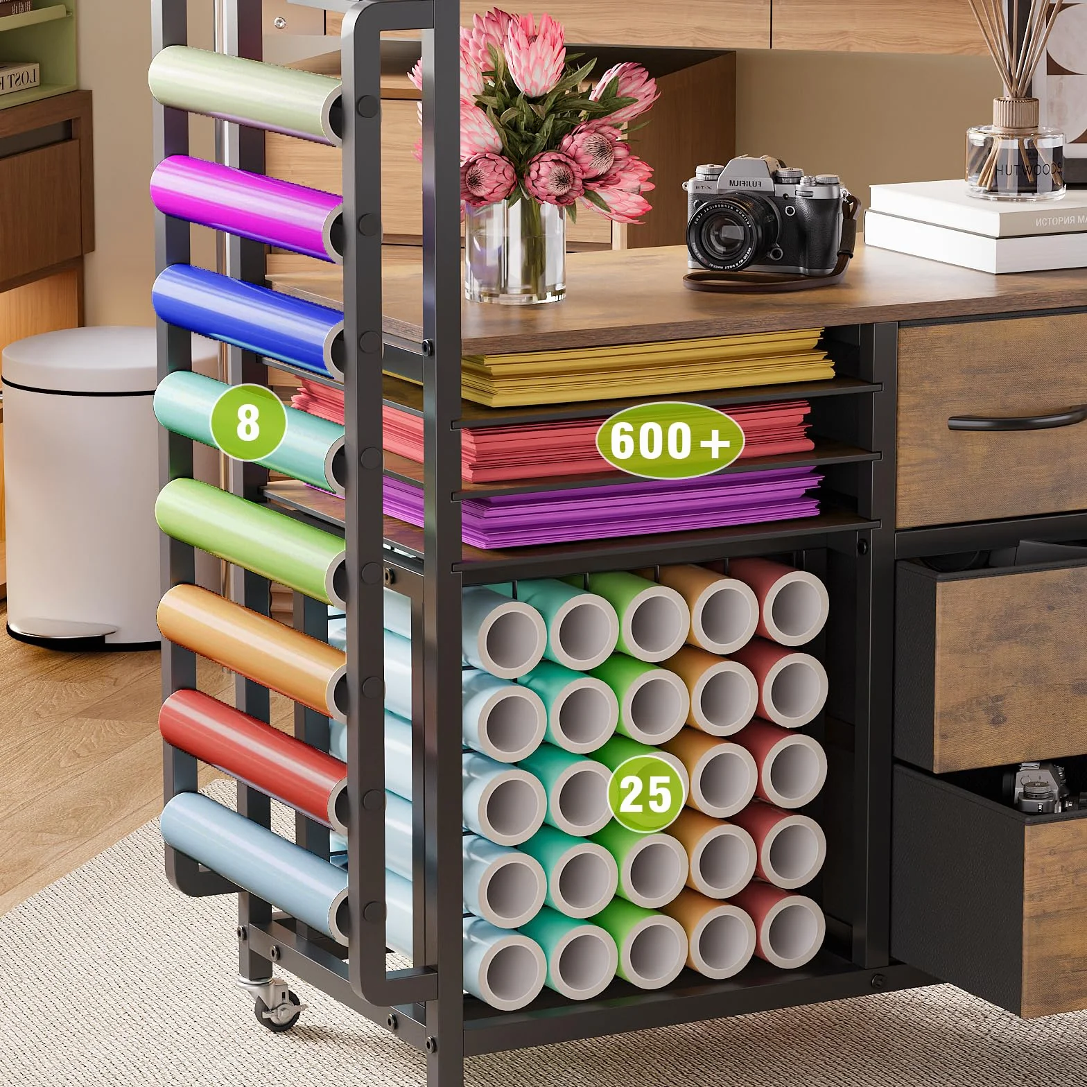 VEDECASA Grande organizer per bricolage, compatibile con macchine Cricut, cassetti in tessuto e porta rotolo in vinile, carrello mobile per la stanza del fai da te (marrone)