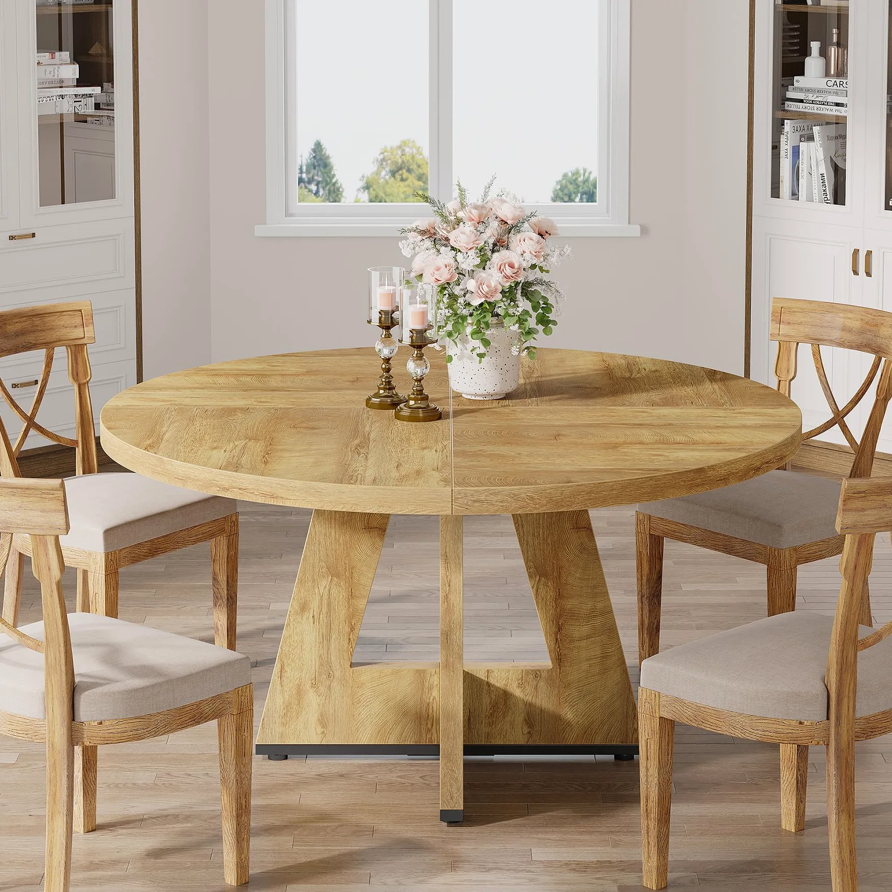 Tribesigns, tavolo da pranzo rotondo in legno da 119 cm per cucina, tavolo da 119 cm per 4-6 persone, mobili in stile fattoria con piano in legno e base a croce, legno chiaro